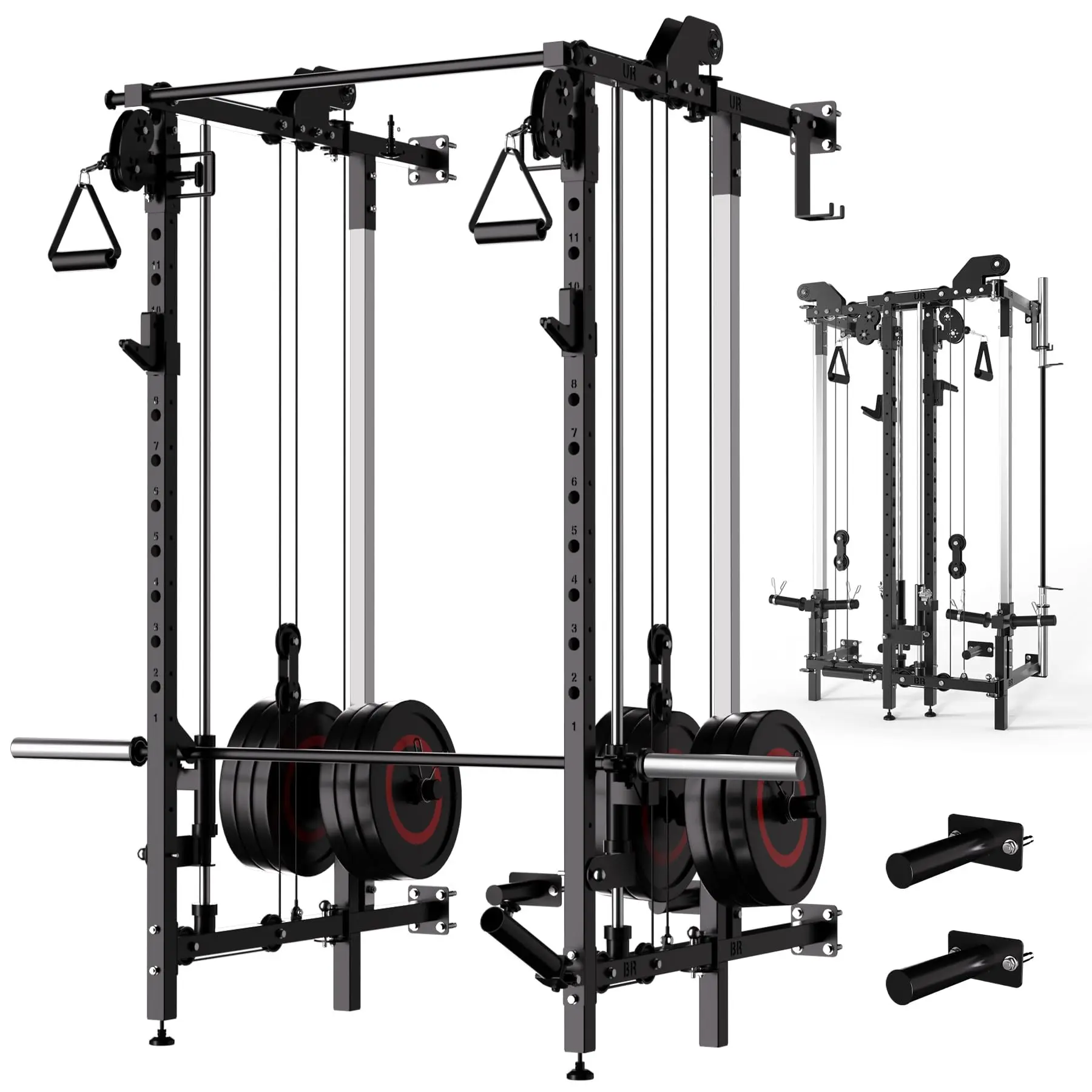 Wall Mount Smith Machine, Folding Power Rack with Independent Dual Pulley System, Multi-Function Squat Rack, Heavy Duty Power Cage Workout Equipment for Home Gym Strength Training(2 Boxes)