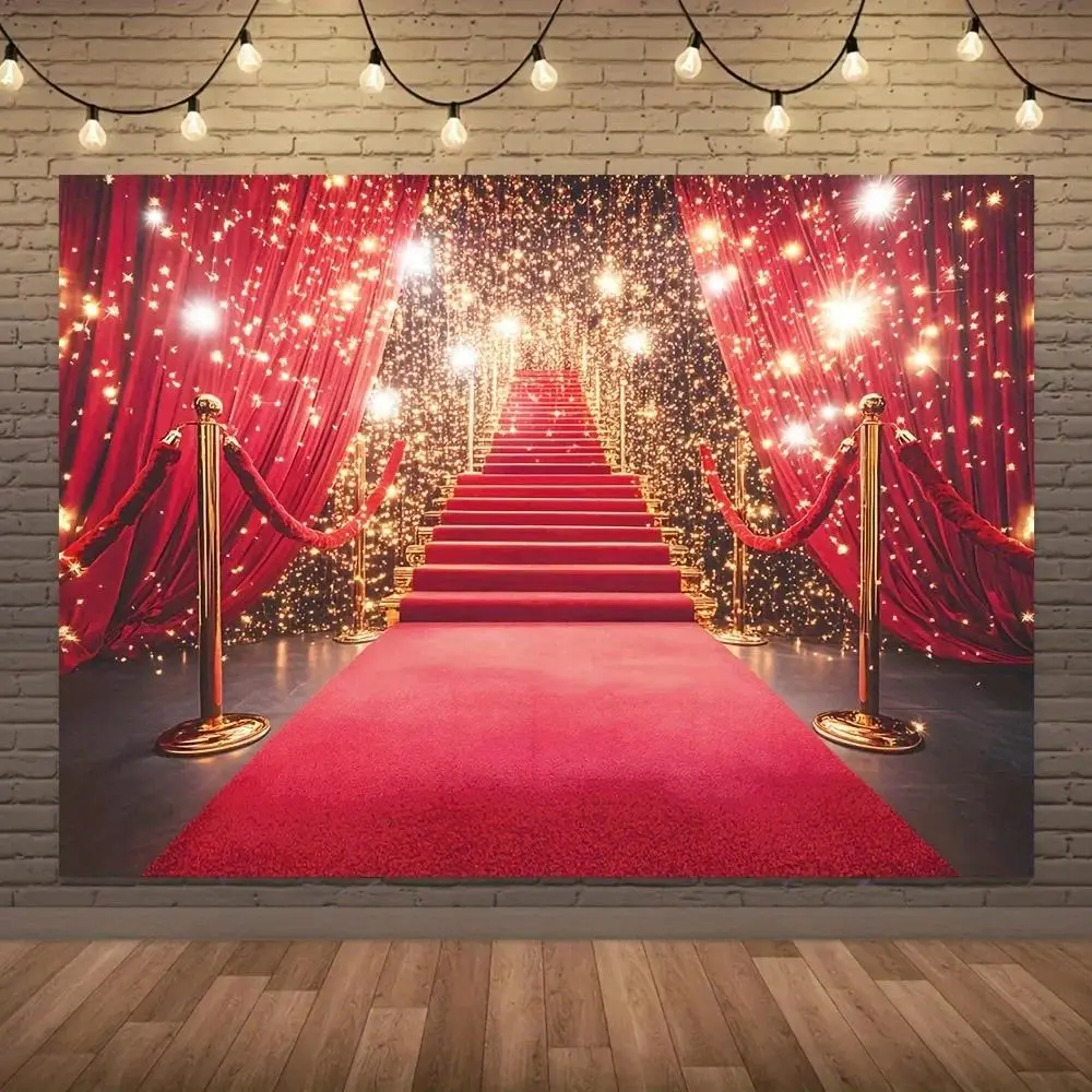 Red Carpet Stairs Backdrop Hollywood Entrance Luxury Tapestry Wall Hanging Polyester Photography Background Wedding Party Event Studio Birthday Celebration Glam Prop Banner