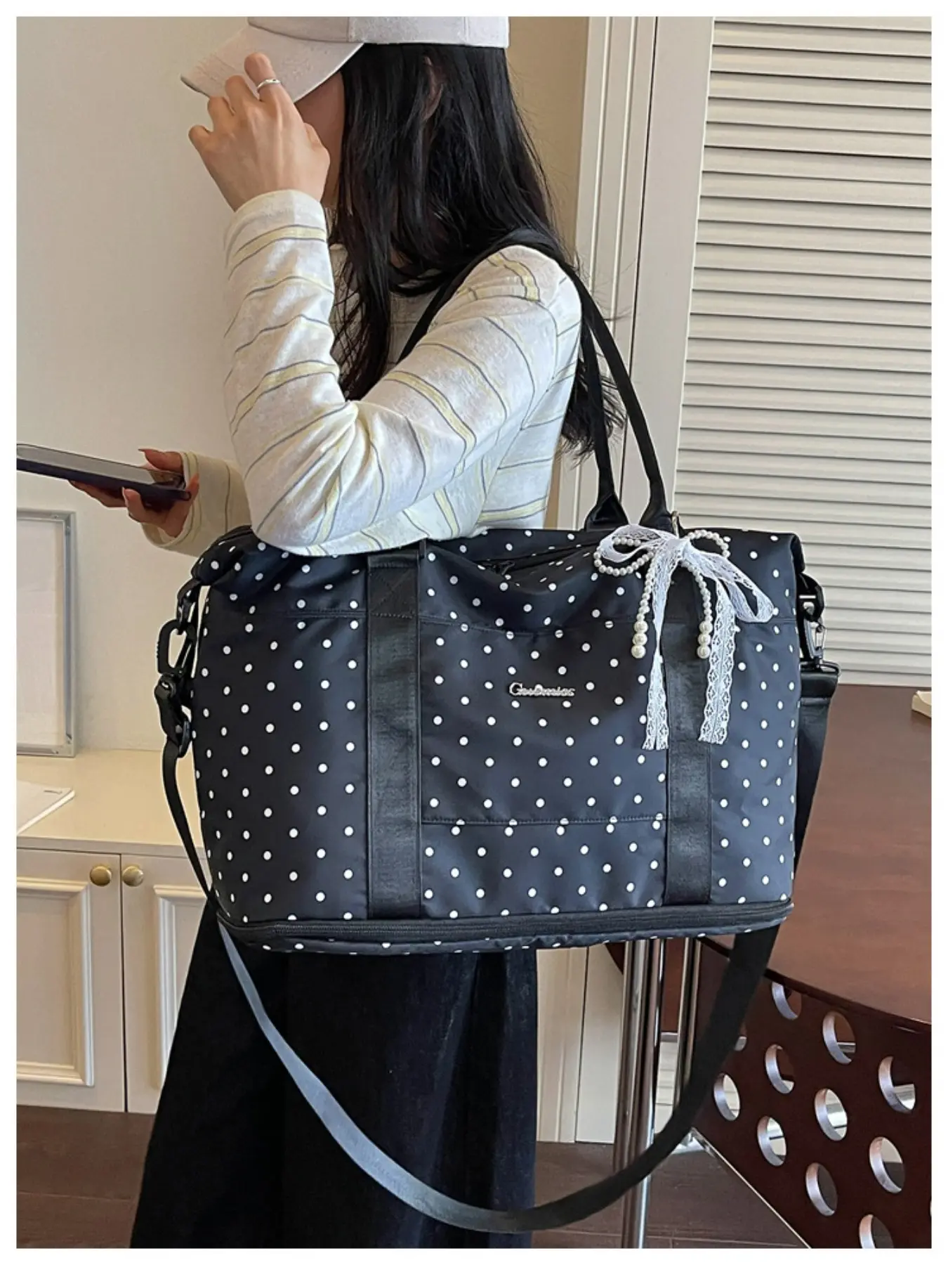 Korean Style Expandable Travel Backpack for Women, Sweet Polka Dot Large Capacity Sports Yoga Bag, Commute Handheld Fitness Bag