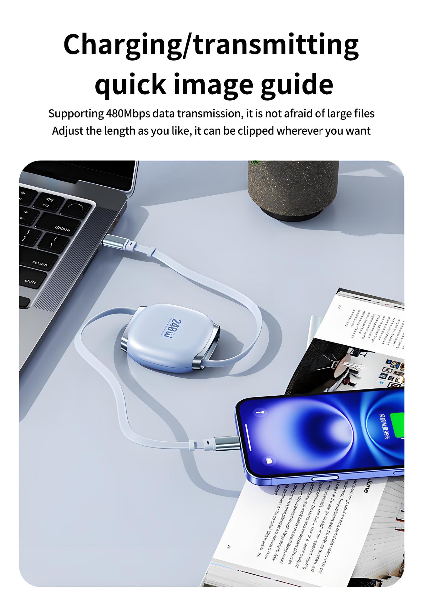 240w Retractable Fast Charging Cable USB C to C, Auto Coiling for Travel, Compatible with iPhone, Samsung, Huawei, Phone Tablet Laptop