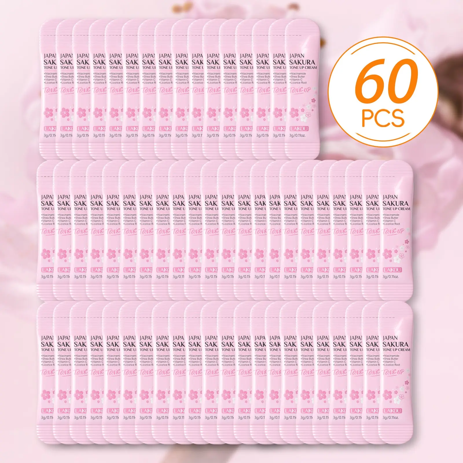 LAIKOU Sakura Tone Up Cream, 3g * 60Pcs Travel Size Face Cream Moisturizer, Daily Brightening & Hydrating Makeup Primer, Individually Wrapped Packets for Portable Glowing Skin