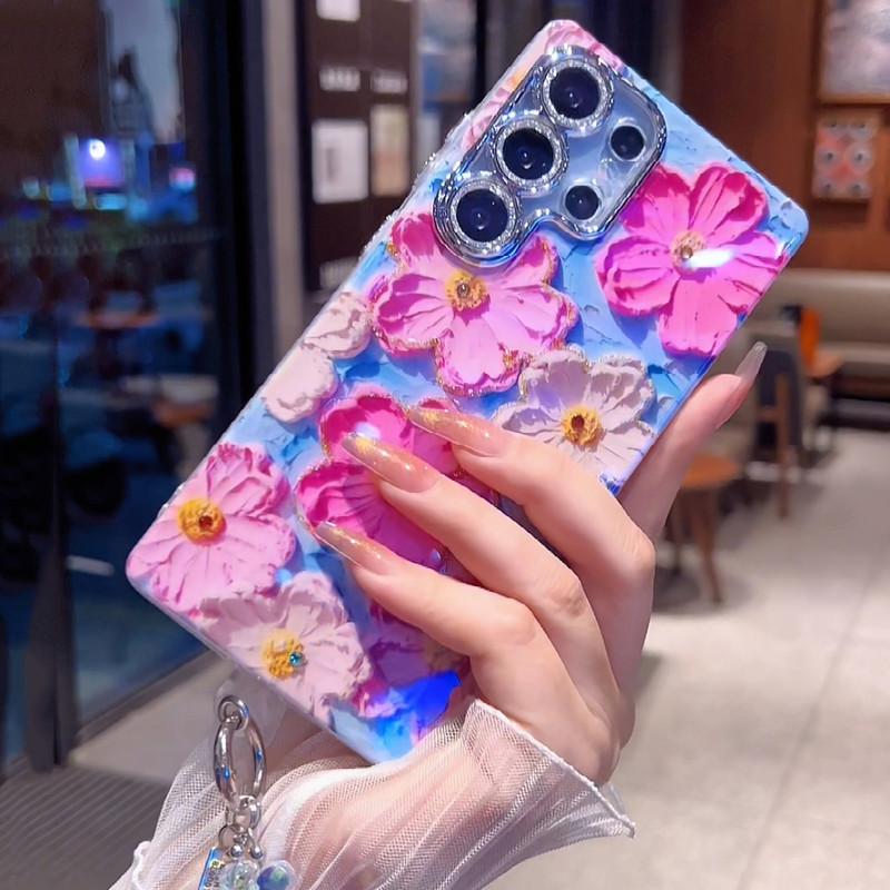 For S25/24/23/S22 blue light oil painting Green and Pink flower shell anti fall protective cover  HN201