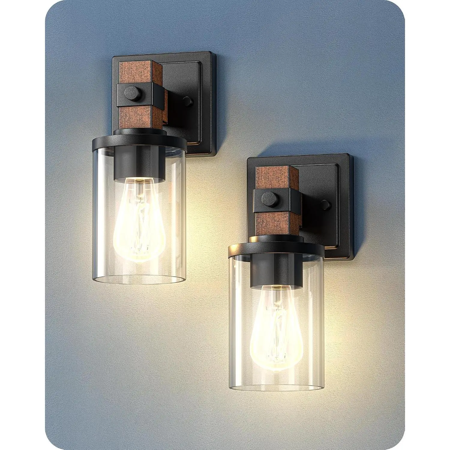 Wall Sconces Set of 2, Farmhouse Vanity Lights Fixtures for Bathroom, 1-Light Faux Wood Rustic Bath Wall Mount Lamp with Clear Glass Shade for Hallway, Living Room, Mirror, Kitchen