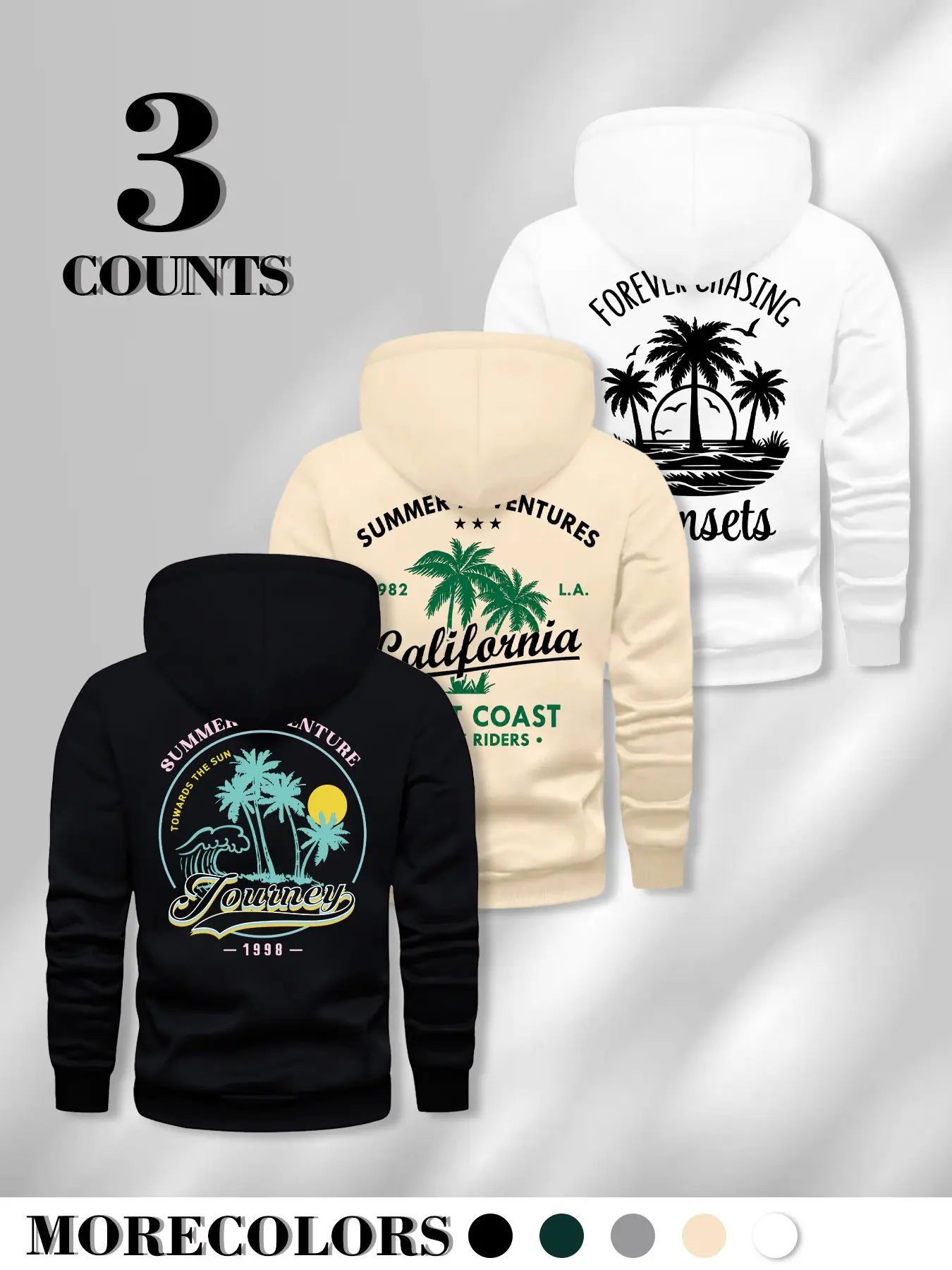 3PCS Summer Adventure Coast Hoodie Set, 3 Styles Large California Island Scenery Back Print, Casual Loose Pullover Top For Travel Daily Wear