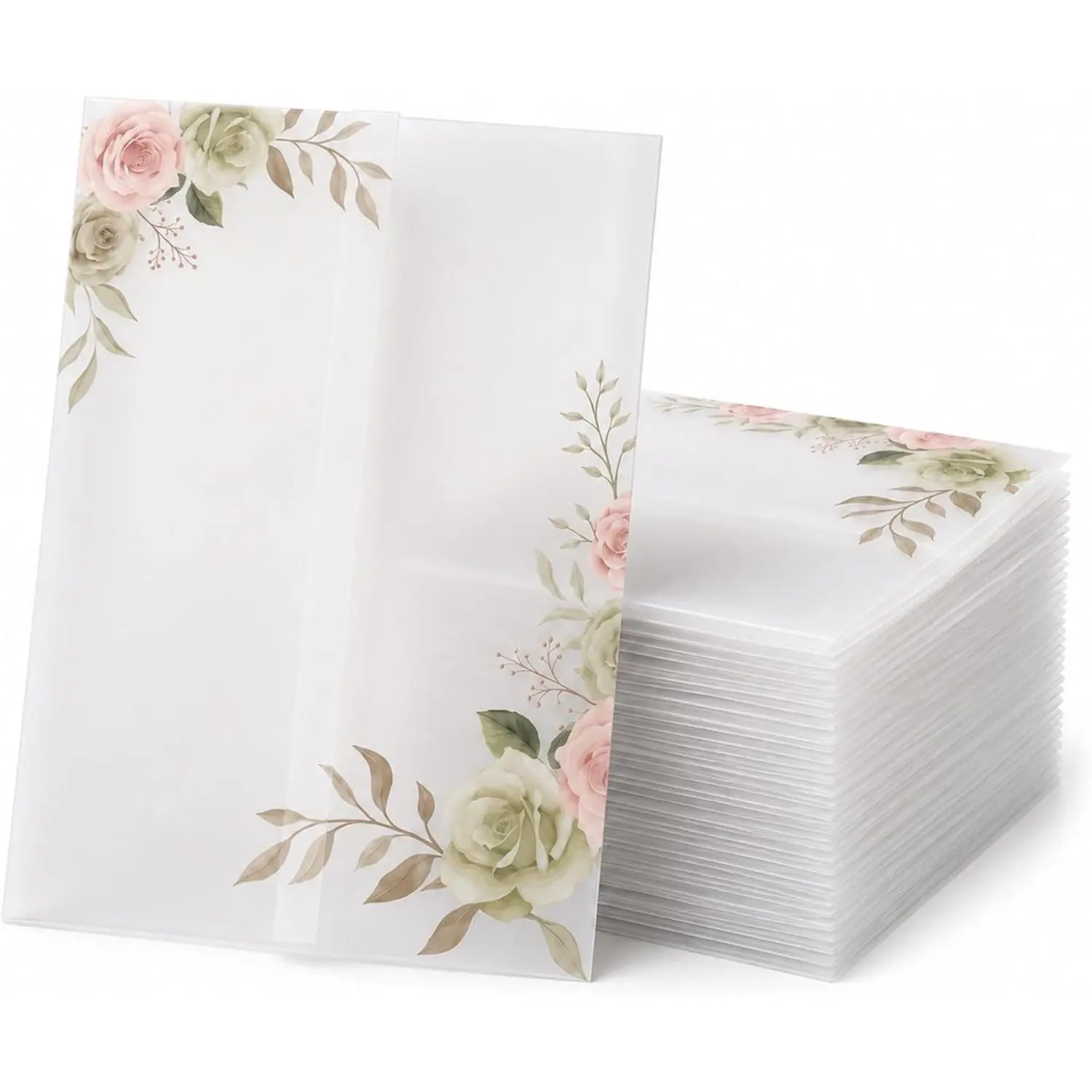 5x7 Vellum Jackets for Wedding Invitations, 50Pack Pre-Folded Translucent Paper Sleeves Envelope Liners Inserts Kit for Bridal Shower, Birthday, Banquet ( Roses)