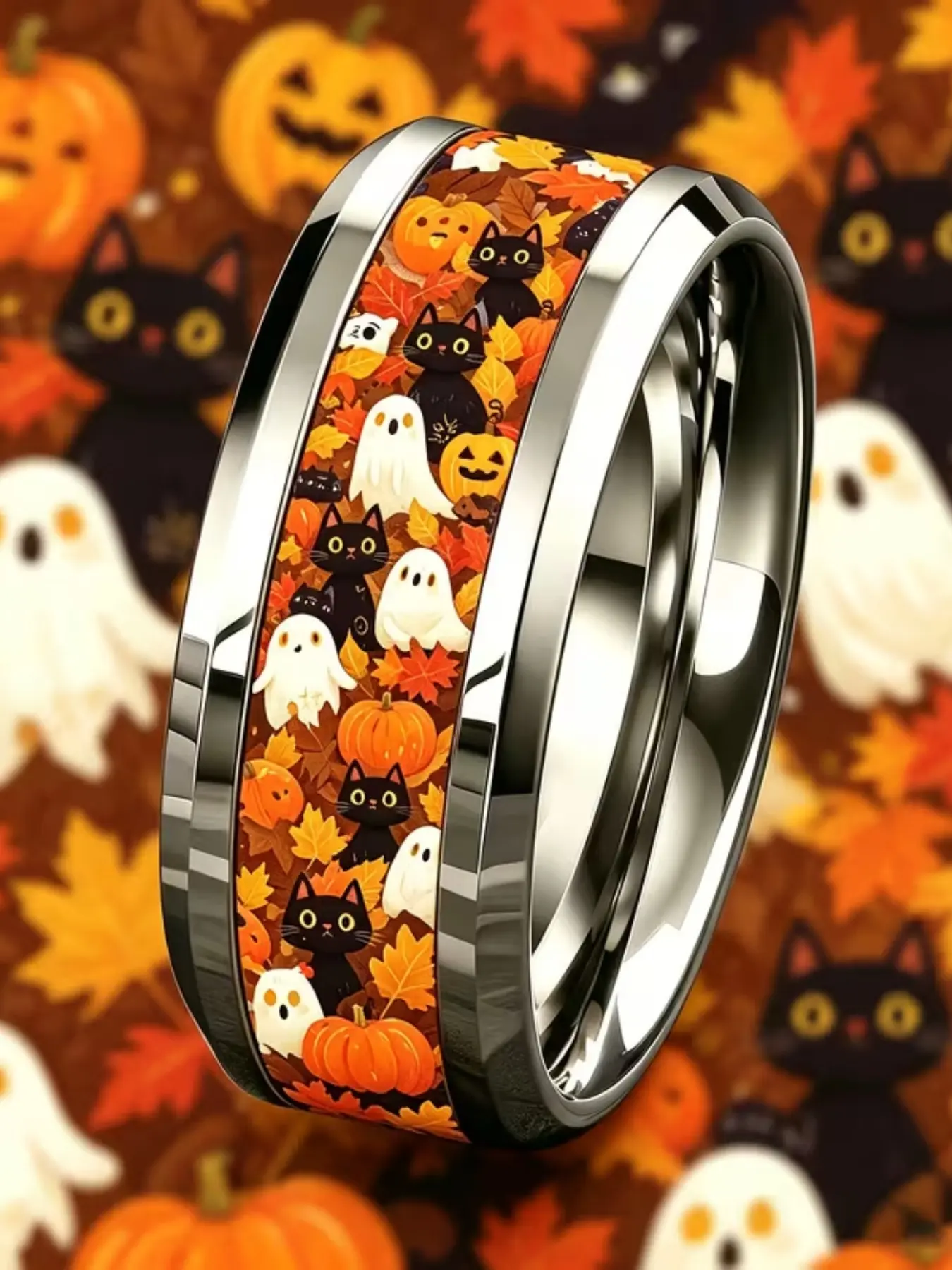 Halloween Pumpkin Cat Ring, 8mm Wide, 304L Stainless Steel, Fade-Resistant, Hypoallergenic, Unisex, Autumn-Themed Gift