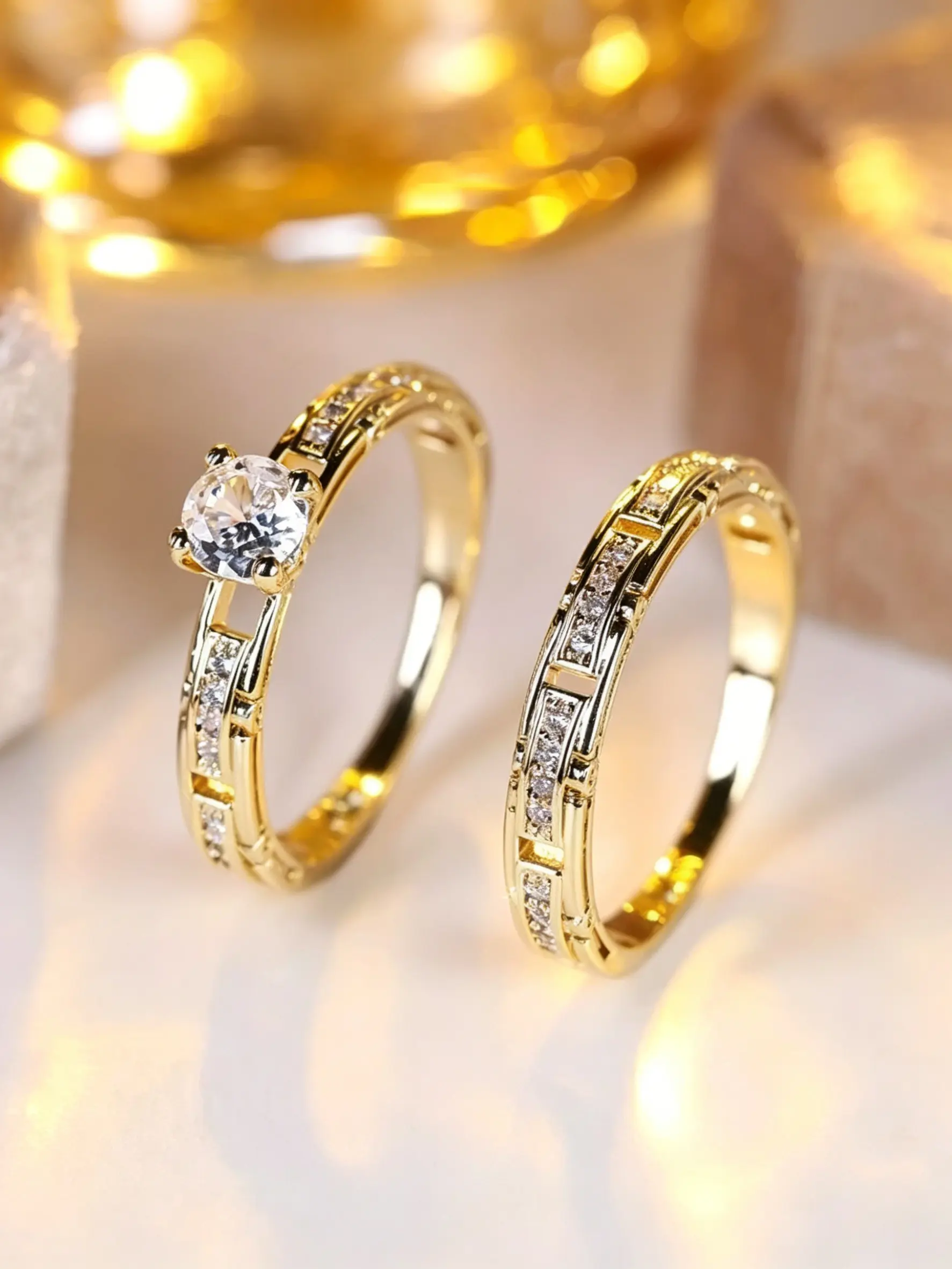 2 Piece Set Shiny Zircon Hollow Design Couple Rings, Luxury Elegant Jewelry Set for Men and Women, Perfect for Wedding, Engagement, Daily Wear