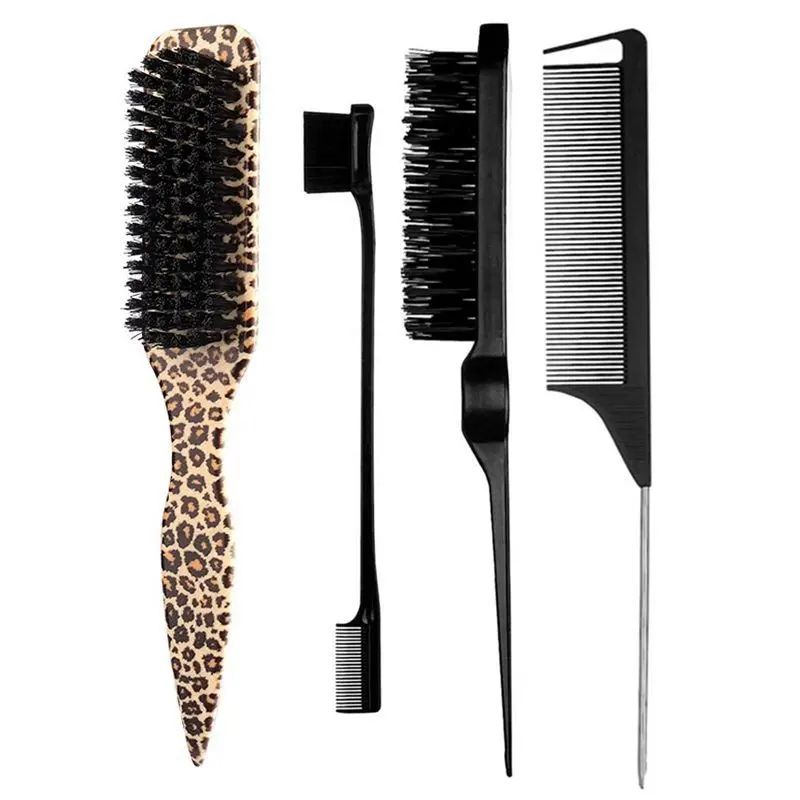 4Pcs Hair Styling Brush Set, Boar Bristle Smoothing Brush, Dual Edge Brush, Teasing Brush & Metal Rat Tail Comb, Salon Hair Tools for Women & Teens, for Taming Flyaways, Slick Baby Hair, Braids & Daily Hair Grooming, Hair Brushes
