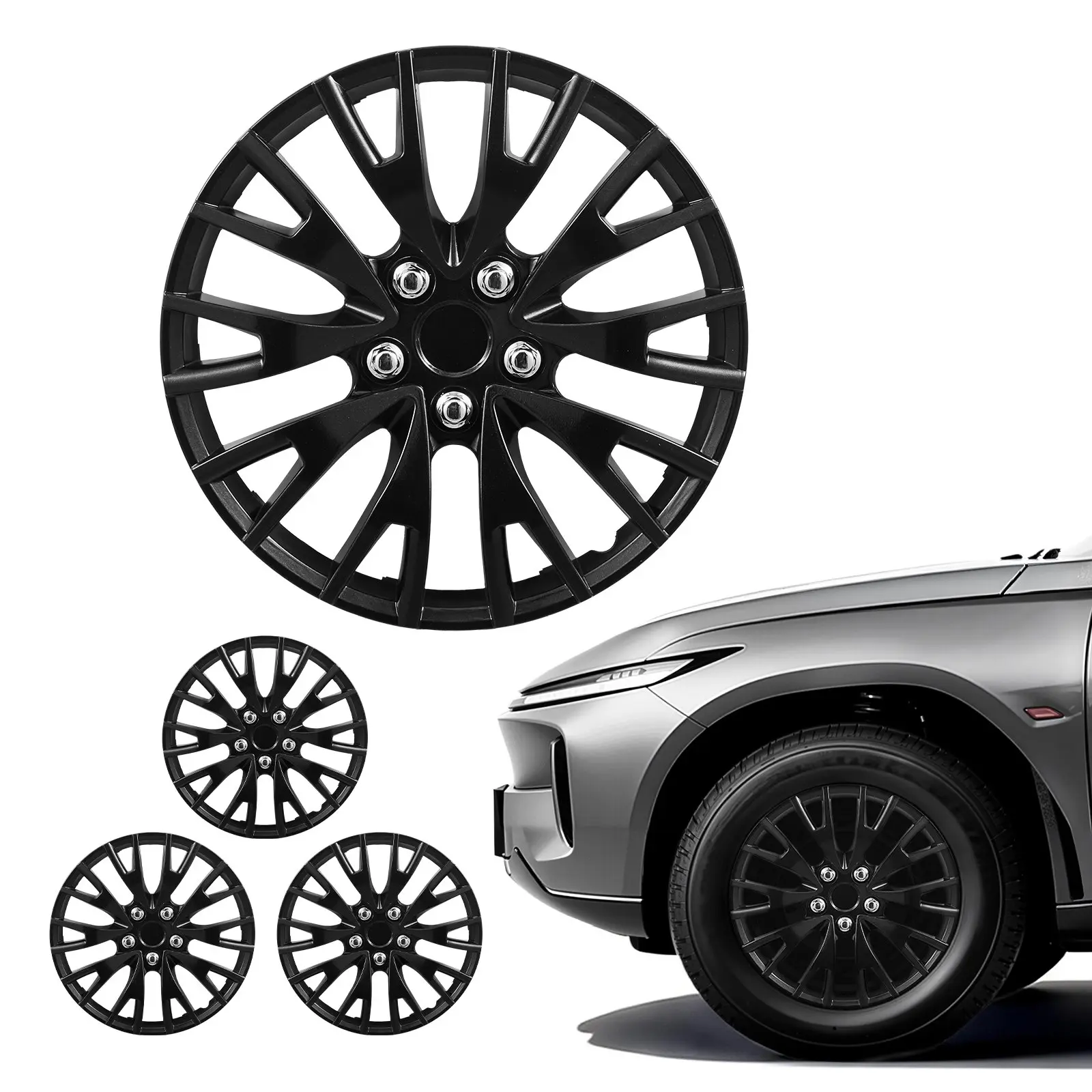 VEVOR 16-Inch R16 Size ABS Snap-On Hubcaps (Set of 4), Full-Coverage Multi-Spoke Wheel Covers for Steel Wheels, Tool-Free Ideal Replacement Solution, Gloss Black with 3-Position Adjustable Retaining Ring for Hyundai & Chevrolet (Scratch Concealment), Defa