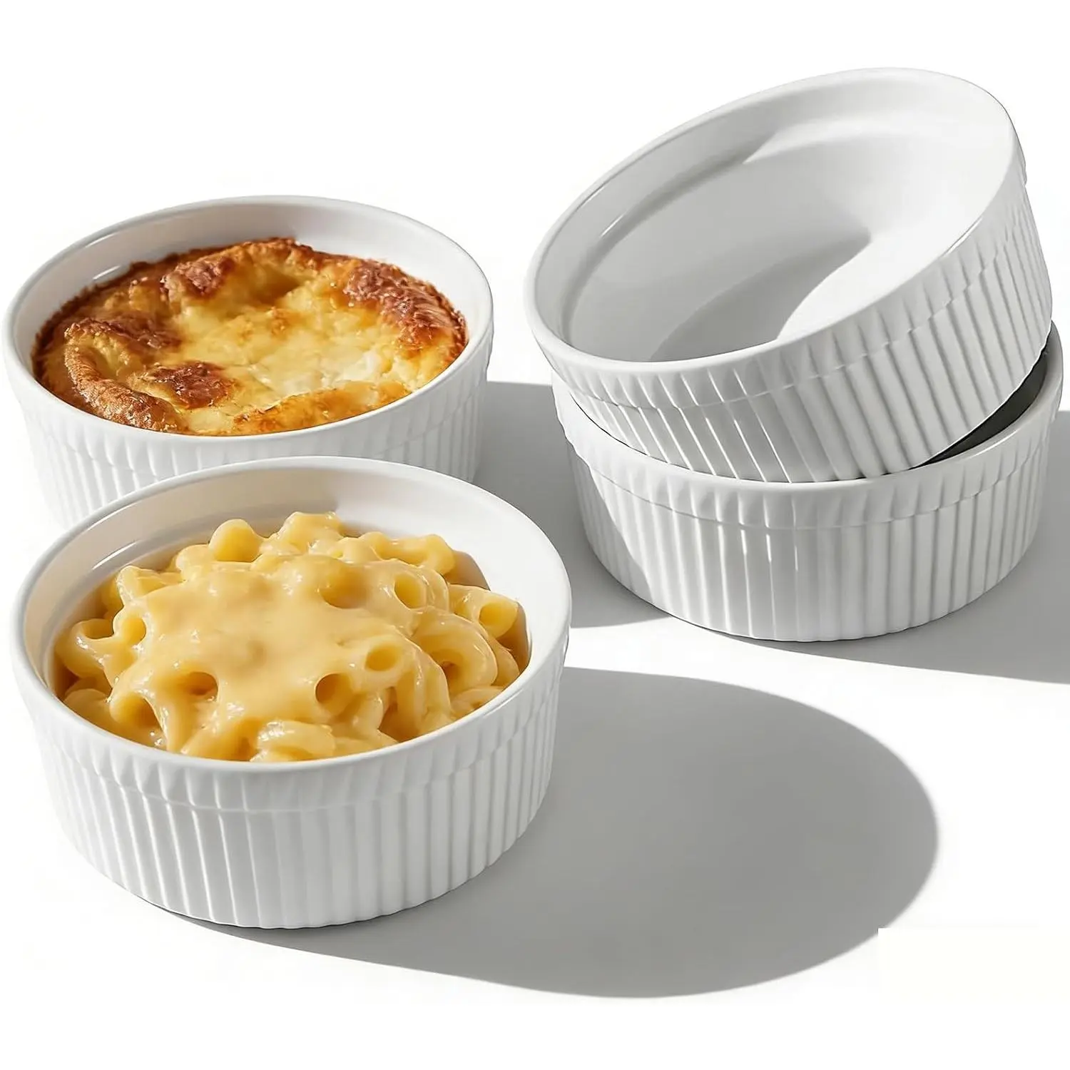 10 oz Porcelain-Ceramic Ramekins (Classic Baked Mold), Set of 4 White Soufflé Baking Cups, Oven & Microwave Safe, Ideal for Creme Brulee, Custards