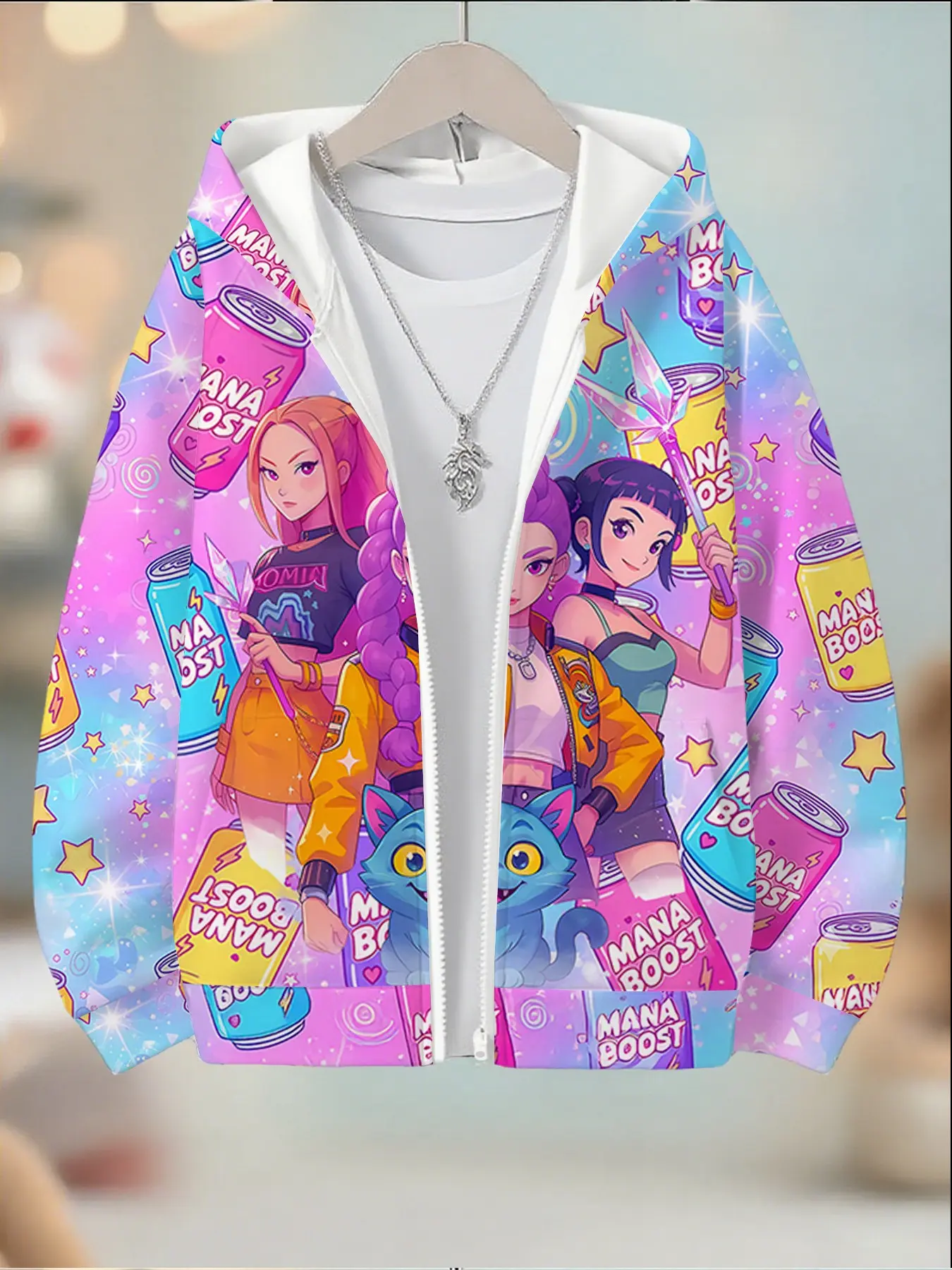 Girls' Spring Fall Zipper Hoodie Jacket, Blue Soda Can Cartoon Full Print Long Sleeve, Perfect for Christmas Halloween Birthday Gifts