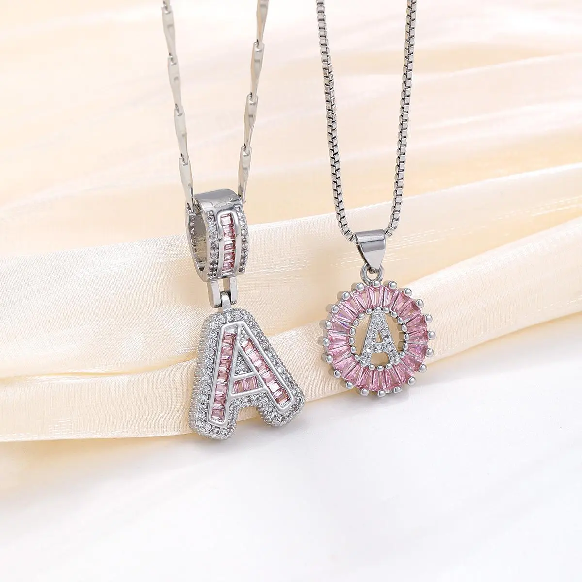 2PCS Trendy Silver Letter Necklace Set Exquisite Initial A-Z Pendant Necklaces Personalized Round Circle Pendant Pink Cubic Zirconia Letters Name Pendant Jewelry, Couple Necklaces Holiday Gift