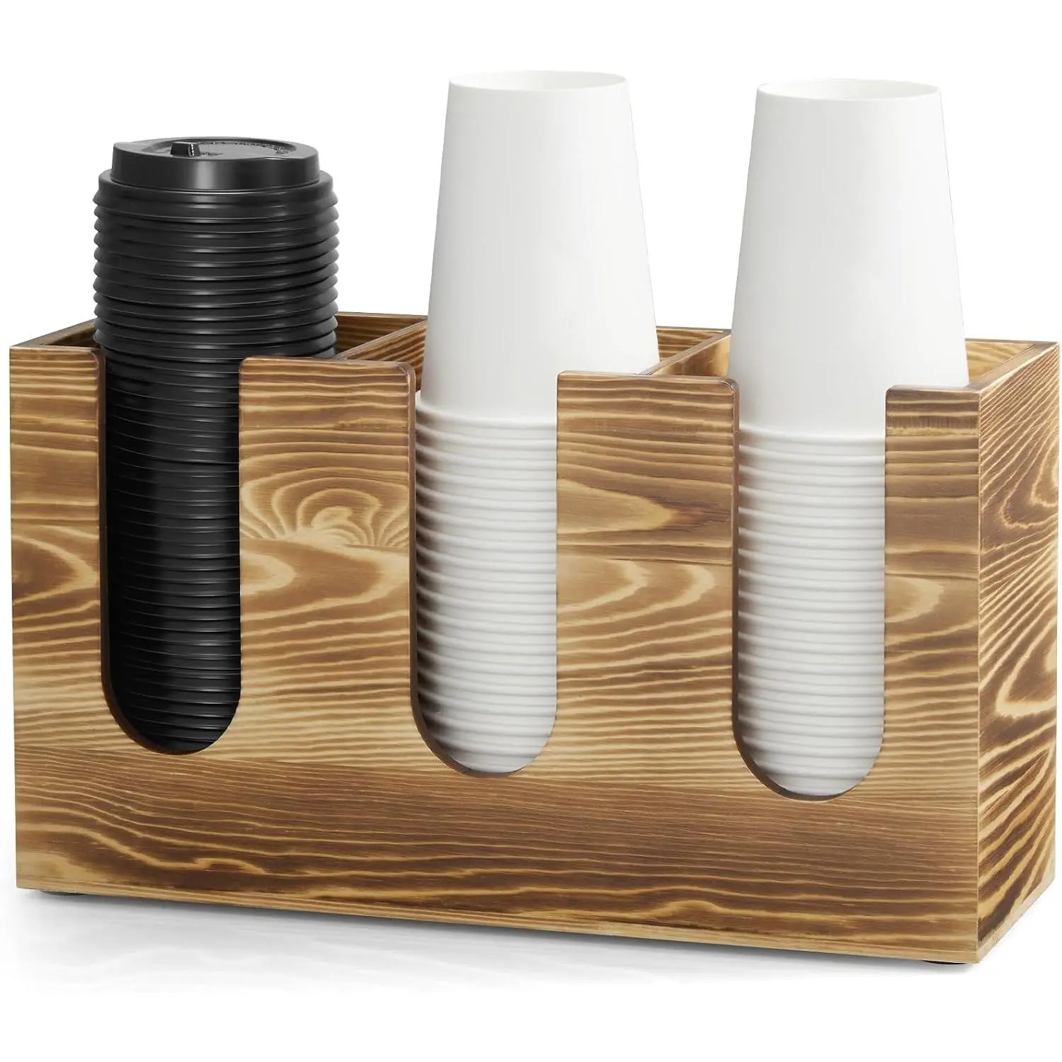 Wooden Coffee Cup and Lid Organizer for Countertop, 3 Compartments Cup Holder Dispenser, Fits 16–24 oz Disposable Cups, Coffee Bar Cup Organizer, Breakroom Kitchen Counter Cup Holder