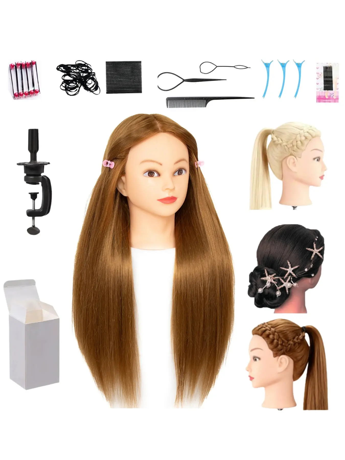 Long Straight Synthetic Hair Mannequin Head 26‑28 Inch Light Skin Female Manikin Training Head Including Table Clamp Stand And Braiding Accessories For Practicing Different Kinds Of Ladies Hairstyles