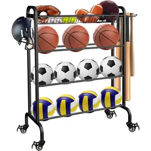 Ball Rack Organizer with Wheels, 4Tier-Rolling Basketball Racks Holder for Balls,  Equipment Storage Stand Organizer for Basketball, Football, Soccer and Volleyball, Black