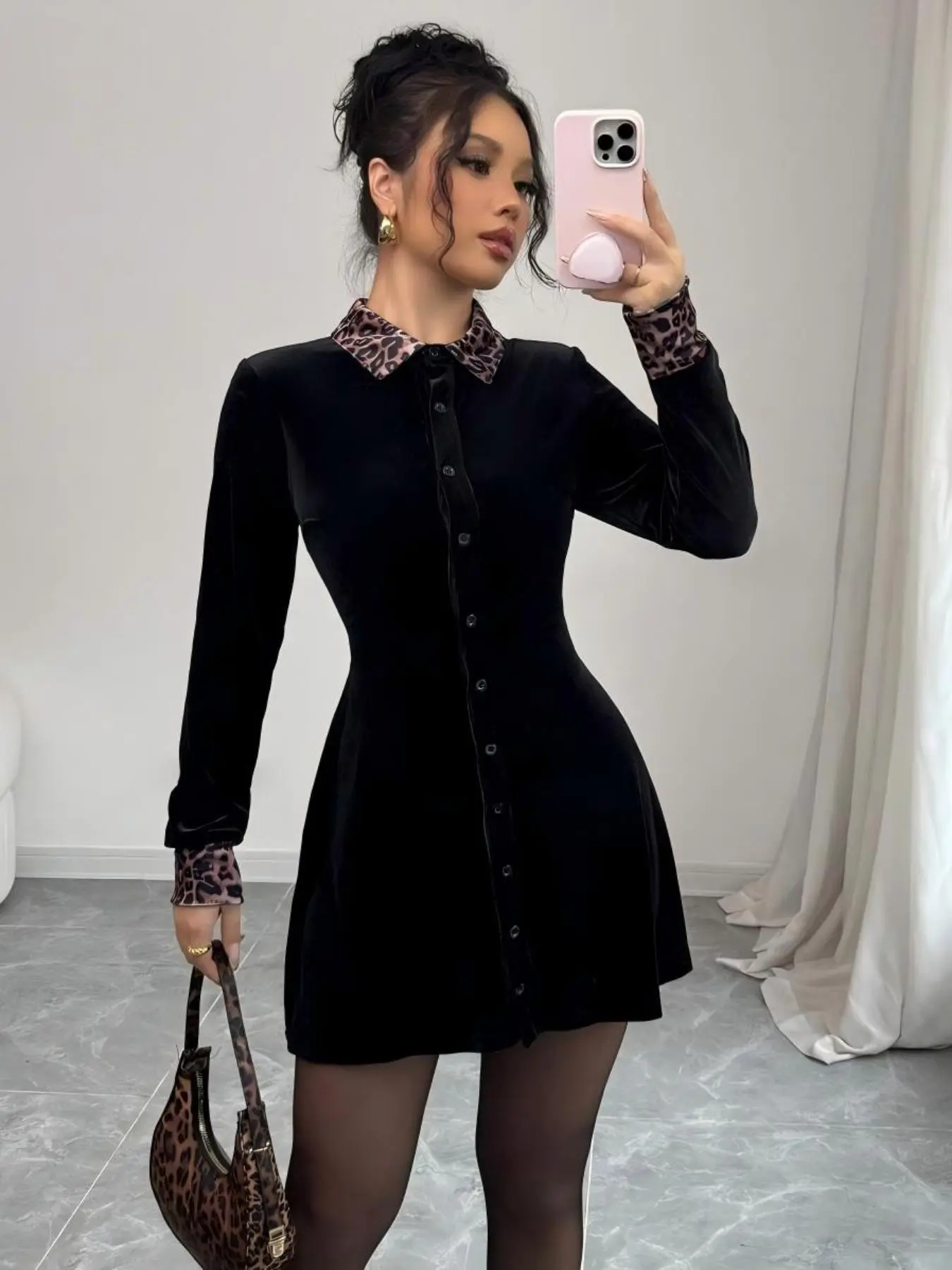 Leopard Print Velvet Dress, Elegant Romantic Simple Fitted Women's Dress, Fall Winter Women's Clothing, Stylish and Comfortable