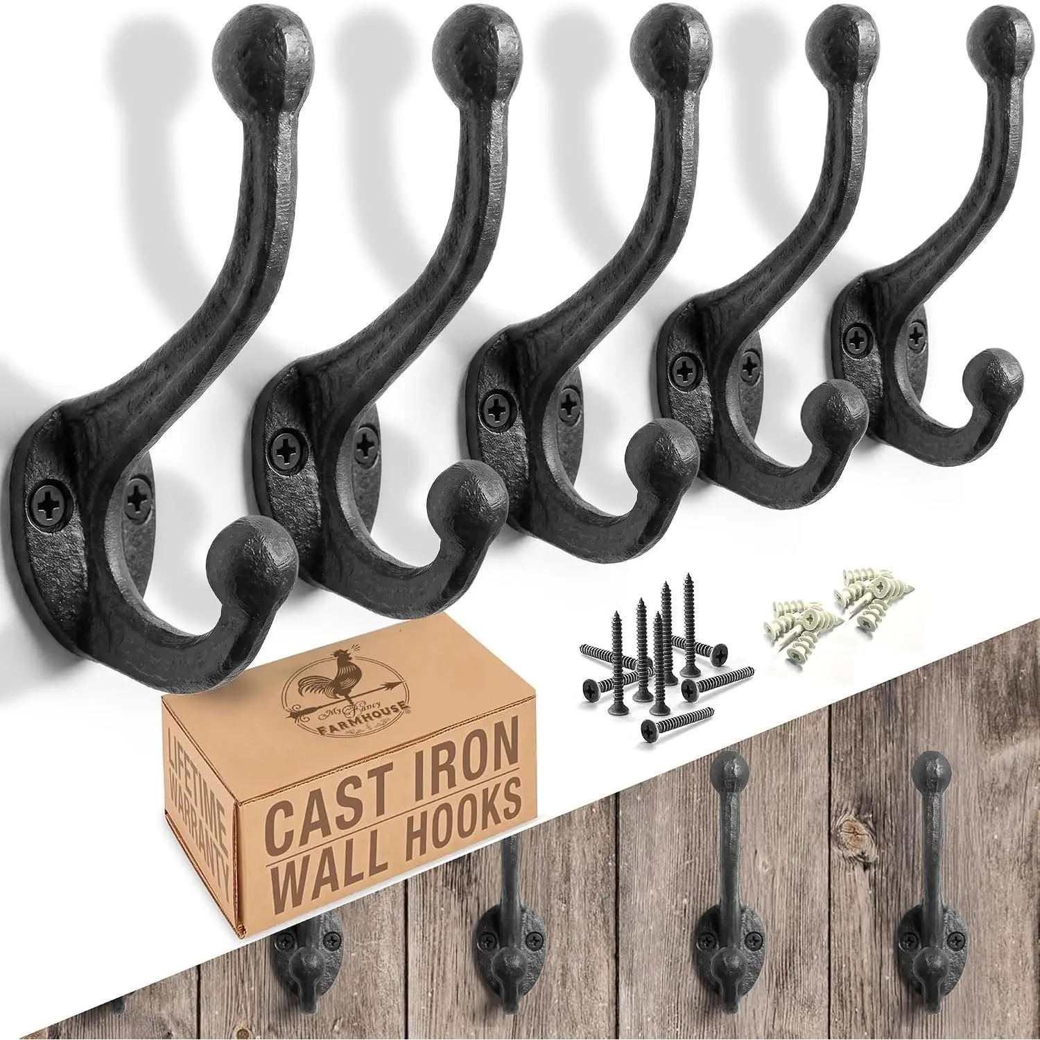 Cast Iron Coat Hooks 5 Pack Wall Mounted Farmhouse Decorative Vintage Hooks for Hanging Coats Bags Hats Towels Antique Black Includes Hardware