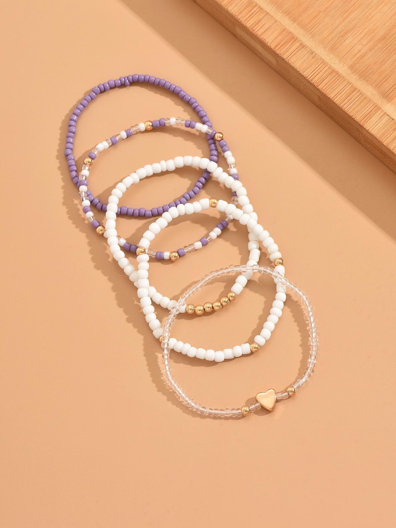 Fashion Metal Heart Beads Bracelet with Multi-color Youth Style Five-Set String Necklace for Women