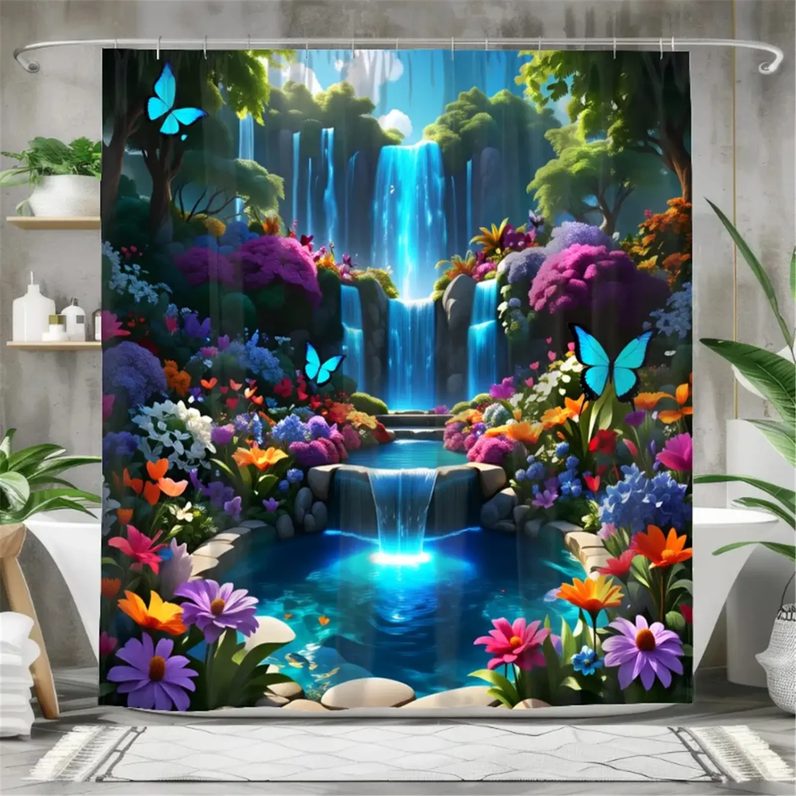 Classic Polyester Straight Hanging Shower Curtain Set - Dream Jungle Waterfall & Colorful Butterfly Design, Waterproof, 12 Hooks, Non-Slip Bathroom Carpet, U-Shaped Toilet Cushion, Toilet Seat Cover, Bathroom Decor Kit, Bathroom Decor Set