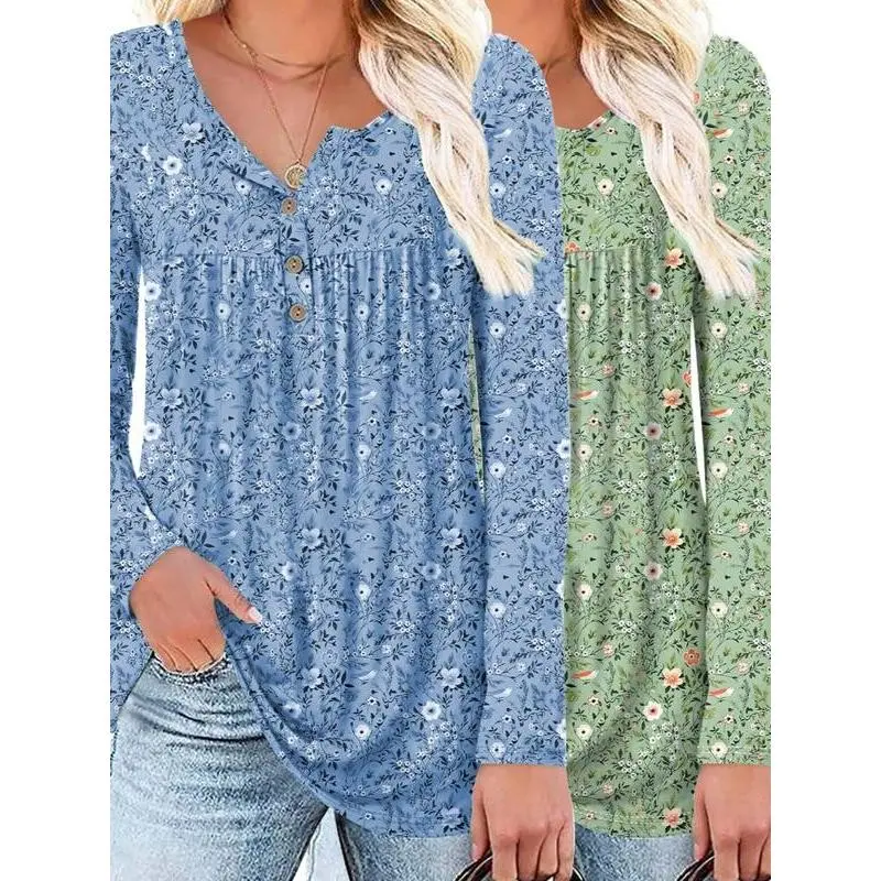 Women'sTwo-PieceSet,ElegantRoundNeckButtonFrontCardigan&FloralLongSleeveHenleyTop,PerfectforVacationCasualWear