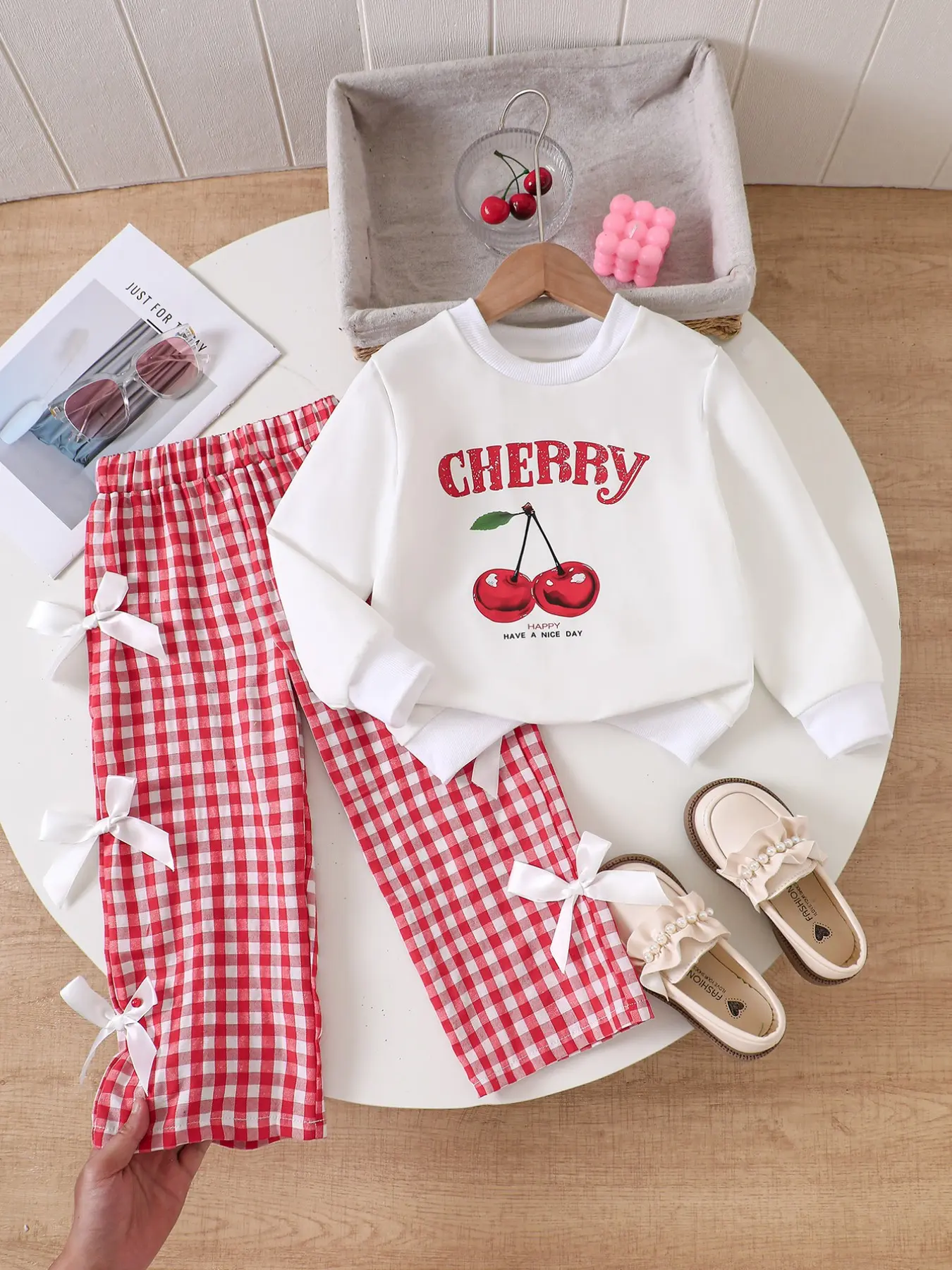 Girls' Spring & Fall Cherry Print Sweatshirt Set, Round Neck, Plaid Pants, Elastic Waist, Ages 4-7, Casual for Daily Wear