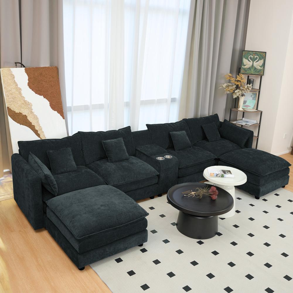 144" U-Shaped Sectional Cloud Couch – Modern Chenille Modular Sofa Set with 6 Seats, Movable Ottoman, Cup Holders & Hidden Storage Console, Comfy Fluffy Black Grey Sectional Sofa for Living Room or Apartment 20.27“ Seat Height