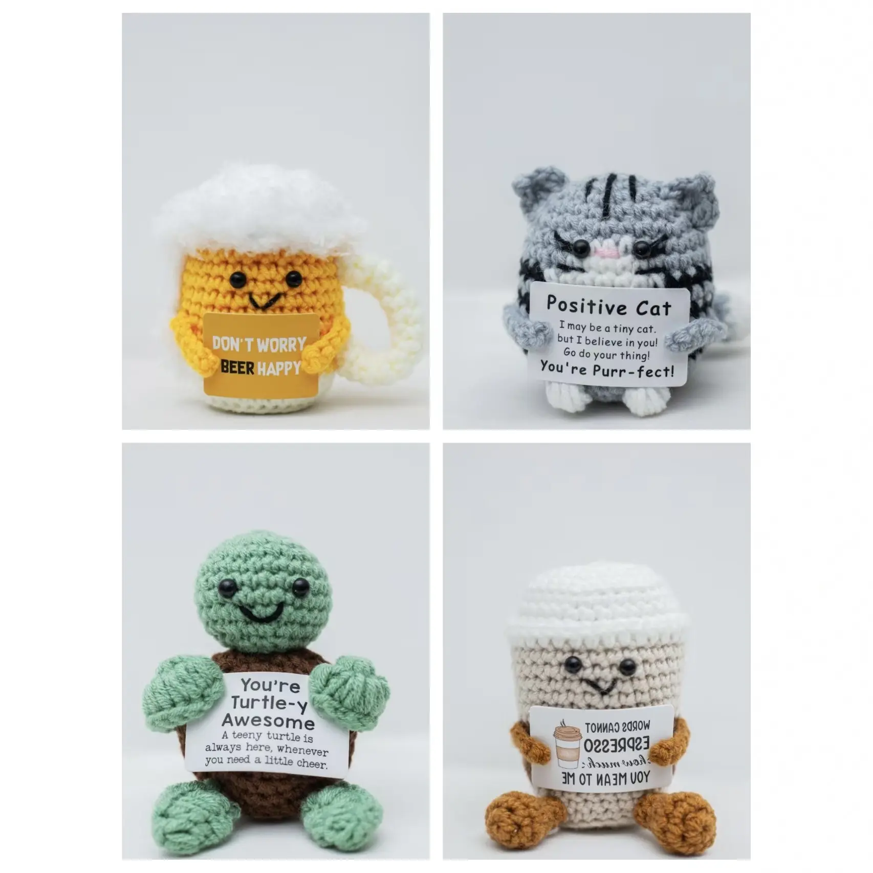 5pcs Hand-crocheted yarn doll creative ornaments, cute and positive energy kitten, turtle, beer mug pendant, cartoon styleMinimum order of 5 items, mixed orders of 5 items or less, will not be shipped.