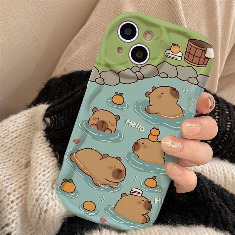 Full-screen bath capybara Pattern Case for iPhone 16 15 14 Pro Max 13 12 11 XR XS Plus Shockproof Full Camera Protection Durable slim Silicone Cover