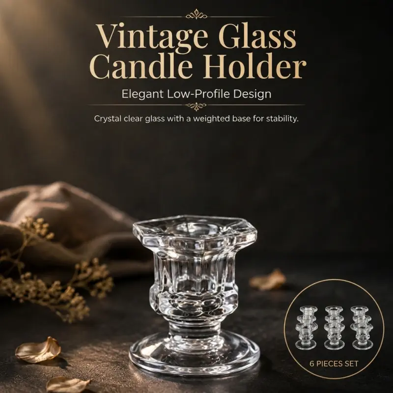 6 Piece Vintage Glass Candle Holder Set, Elegant Low Profile Design, Stable Base, Ideal for Weddings, Dinners, Home Decor