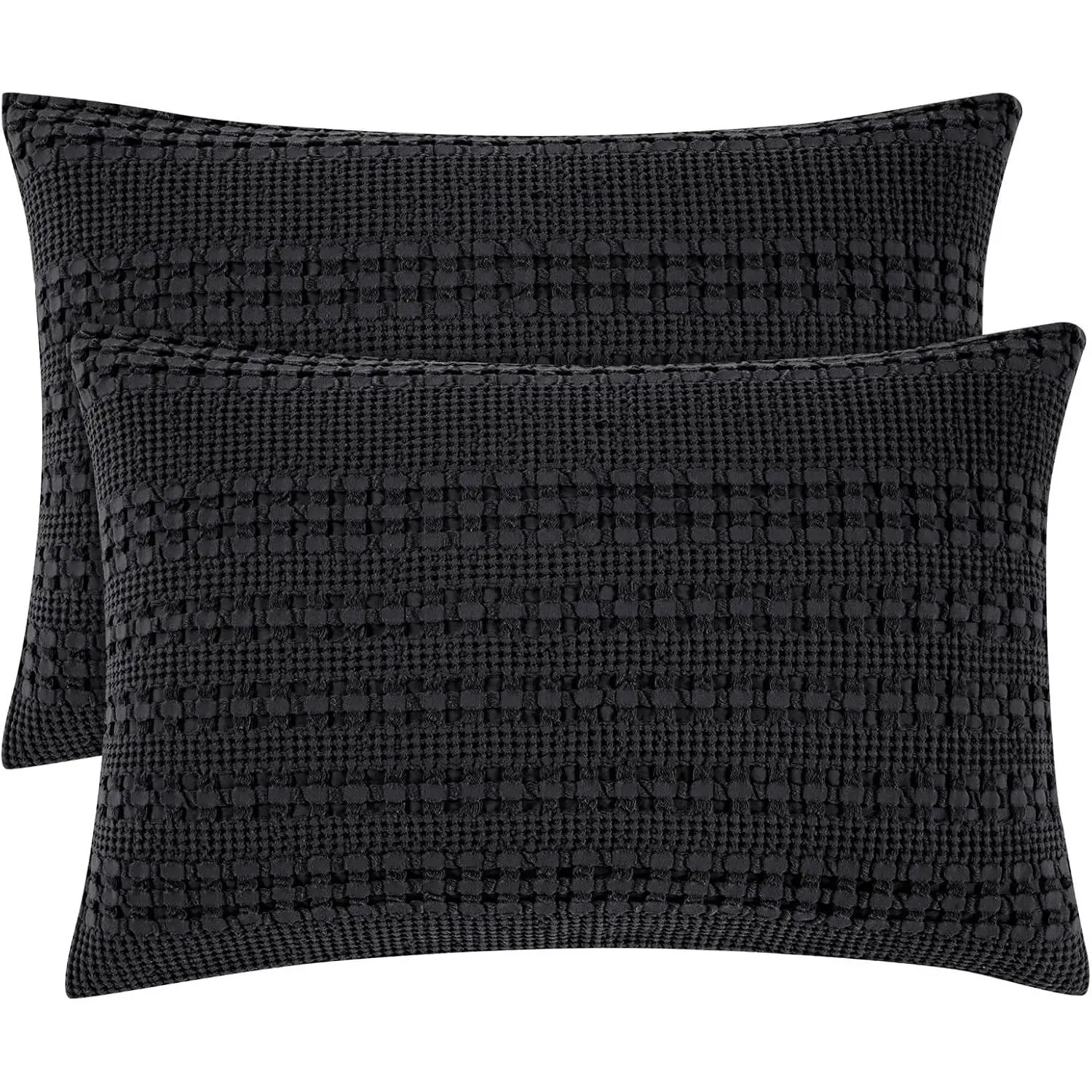 100% Cotton Waffle Pillow Shams Standard Size, 2 Pack 20" x 26" Soft Skin-Friendly Pillowcases, No Filling, Woven and Breathable Waffle Weave Pillow Case Covers for Bed, Black