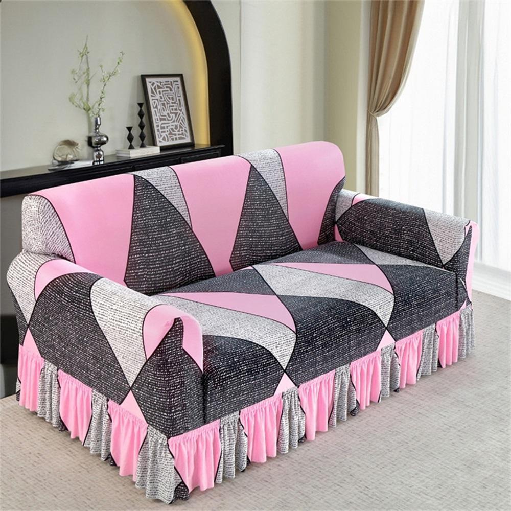 Geometric Pattern Stretch Sofa Cover, Couch Cover, 1 Count Elastic Sofa Slipcover with Ruffle Trim, Dustproof Sofa Protector for Home Living Room, Sofa Protector for Home Living Room