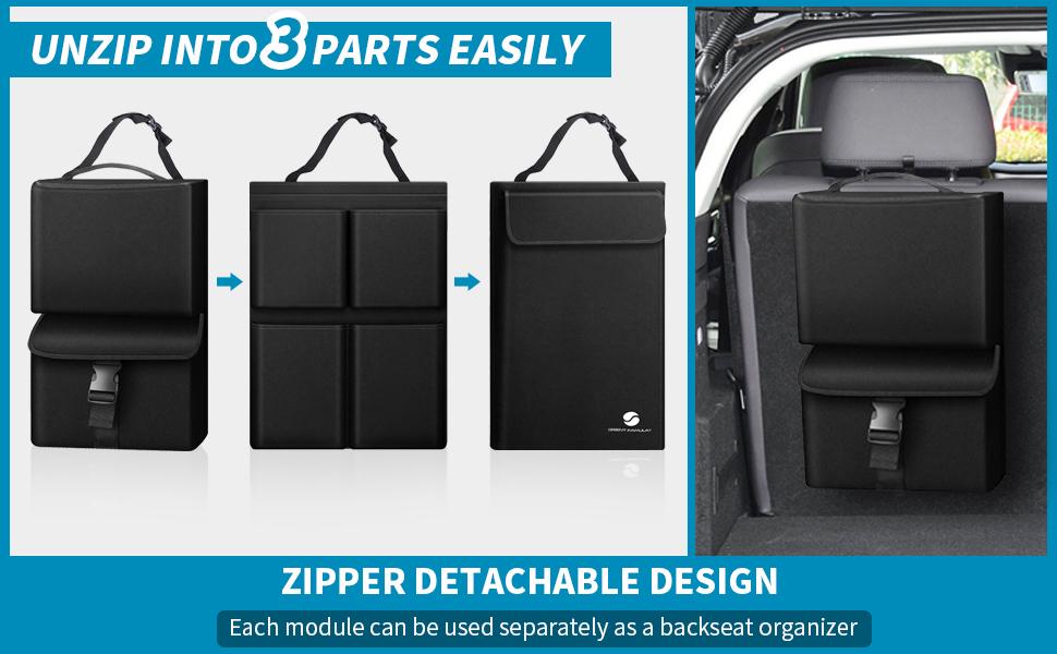 Hanging Car Trunk Organizer with Cooler, Large Pockets, Zippers Detachable Seat Back Waterproof Car Storage Trunk Organizer for Jeeps, SUVs, Black