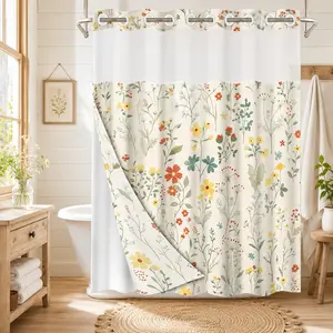 1pc hookless decorative shower curtain, Bathroom curtain, Bathroom Decorations, off-white background with small floral pattern design, 2D flat printing, fabric waterproof lining, see-through double-layer, 71 x 74 inches