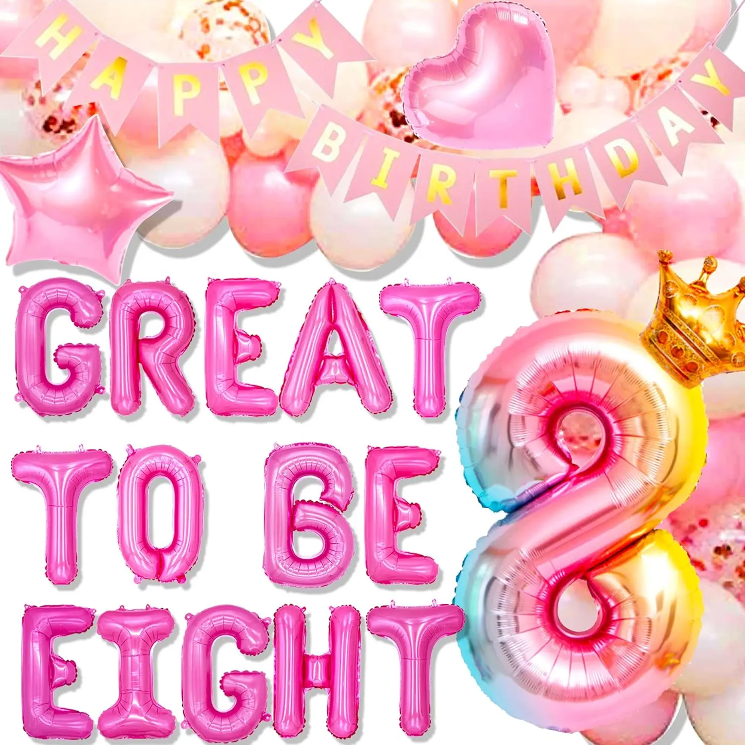 Girls' 42-Piece Balloon Decorations Kit - Festive 8th Birthday Supplies for 8-Year-Old Girls with "Great to Be 8" Text