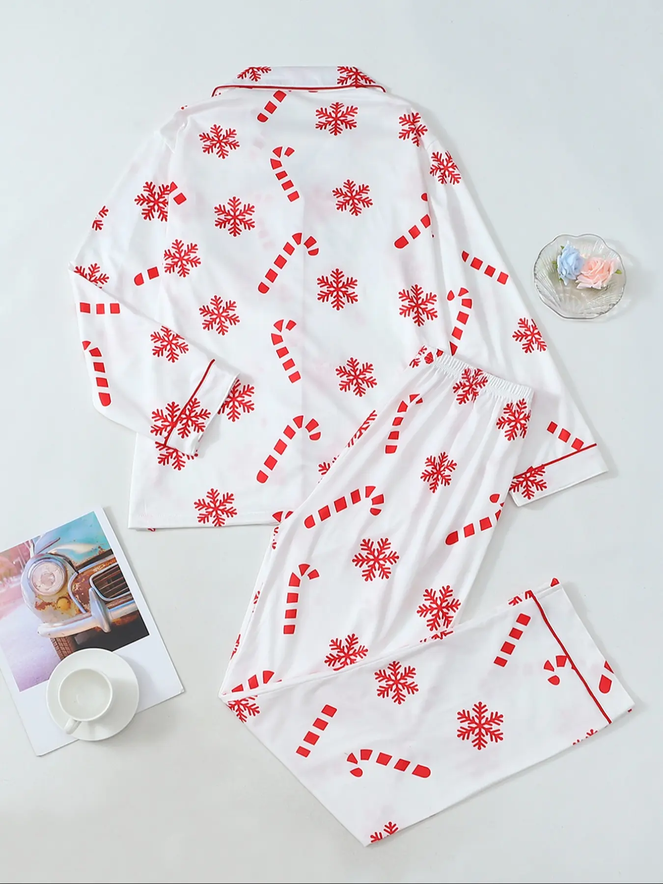 Women's Christmas Print Pajama Set, Long Sleeve Lapel Design Button, Soft Breathable Fabric, Holiday Casual Wear, Winter Home Loungewear