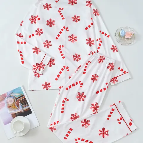 Women's Christmas Print Pajama Set, Long Sleeve Lapel Design Button, Soft Breathable Fabric, Holiday Casual Wear, Winter Home Loungewear