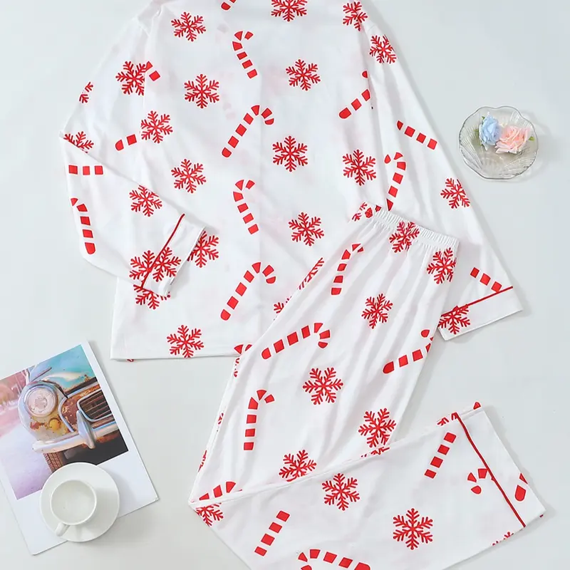 Women's Christmas Print Pajama Set, Long Sleeve Lapel Design Button, Soft Breathable Fabric, Holiday Casual Wear, Winter Home Loungewear