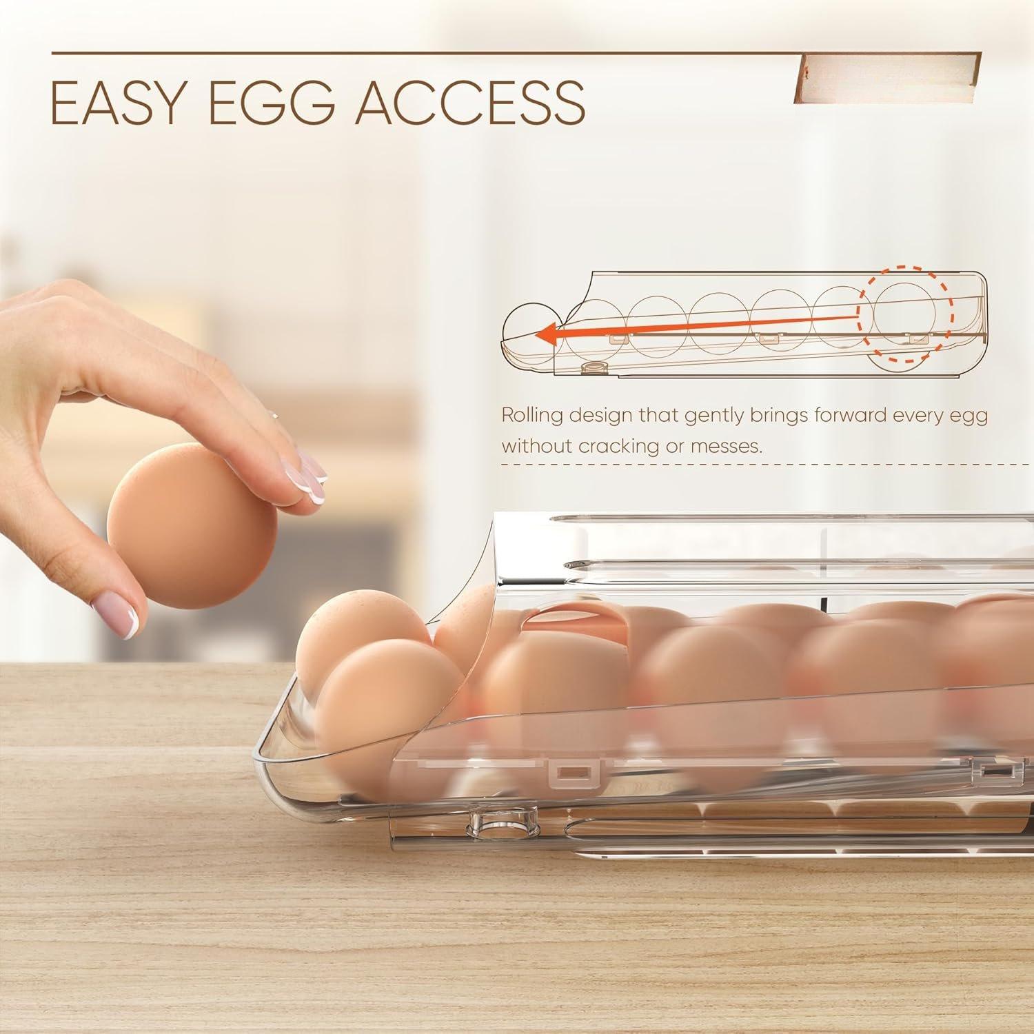 Egg Holder for Fridge, Automatic Rolling Egg Container for Refrigerator, Clear Plastic Egg Dispenser, Stackable Eggs Organizer with Quick Removable inner Tray For Organizers and Storage, 2 Pack