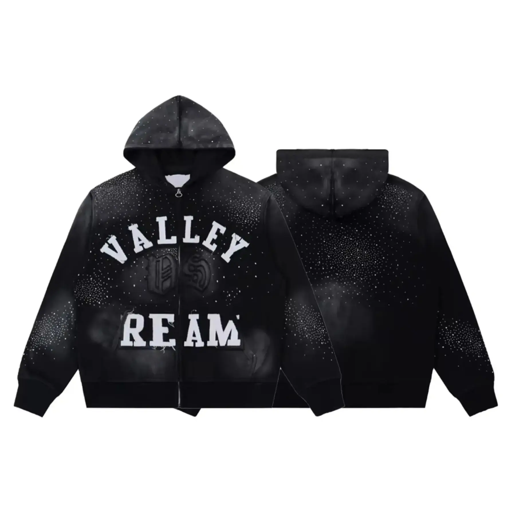 Y2K Letter Embroidery Rhinestone Zip Up Hoodie 100% Cotton Loose Oversized Distressed Vintage Wash Hooded Sweatshirt Autumn Winter Casual Hip Hop Streetwear Jacket Men Women Unisex