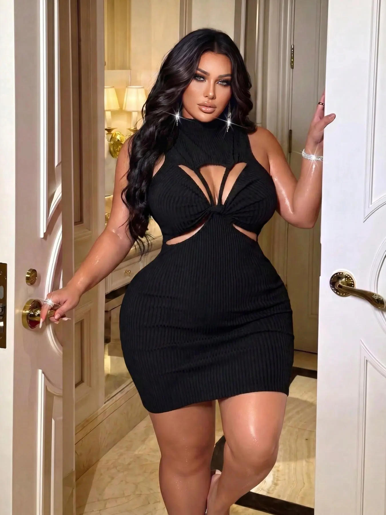 Plus Size Mock Neck Halter Twist Cutout Ribbed Bodycon Mini Dress, Sleeveless Stretch Curvy Hugging Hot Girl Outfit, Perfect for Club Party, Date Night Dinner, Birthday Gathering, Influencer Street Shots, Photoshoots, Bar Outfits, Girls Cocktail Night
