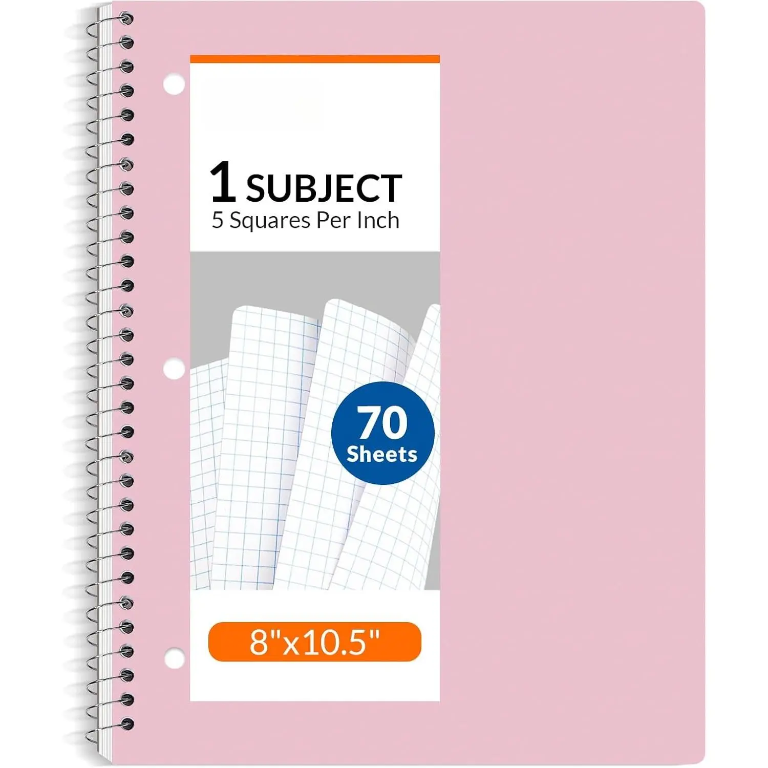Spiral Notebook, 1-Subject, Graph Ruled Paper, 8" x 10-1/2", 70 Sheets, 5 Squares per inch Spiral Grid Notebooks for Work, , School, Writing, Black