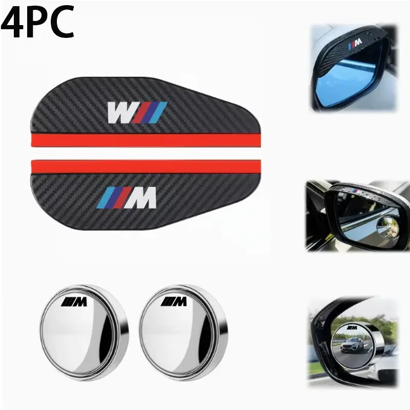4pc Carbon Fiber Rain Guard and Blind Spot Mirror Set, Car Accessories, Waterproof Side Mirrors with 360° Rotating HD Glass Convex Mirror, Suitable for Bmw