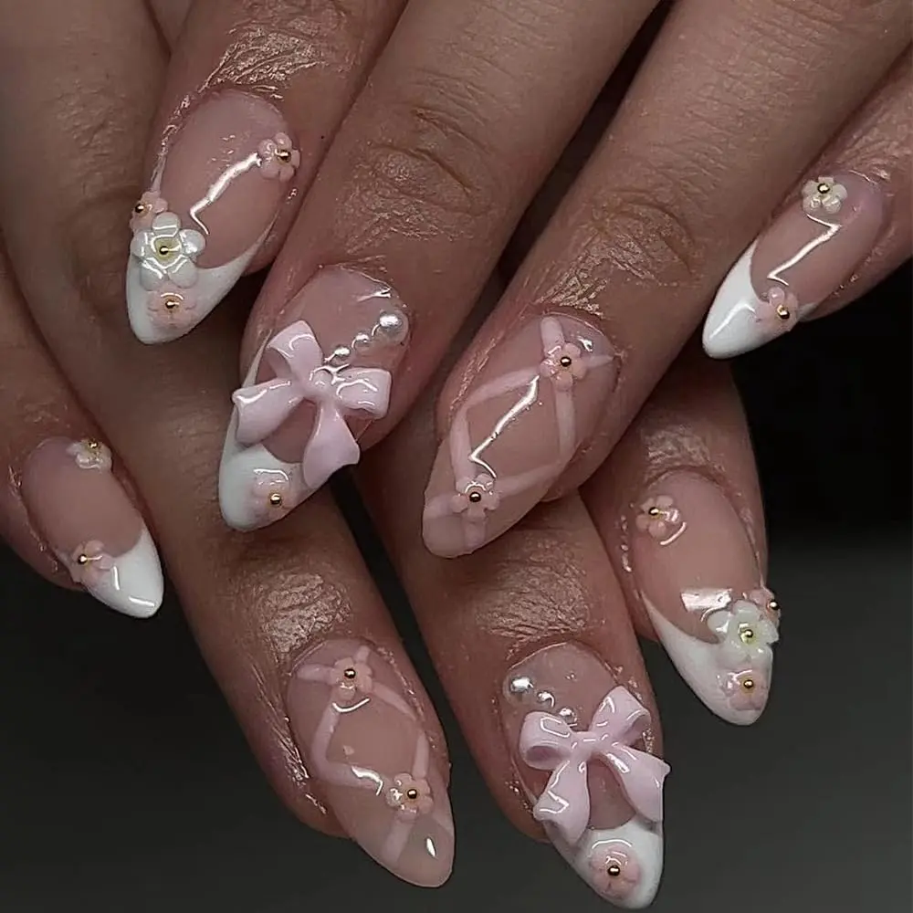 Short Almond Press on Nails, Pink & White French Bow Fake Nails, 3D Plaid Floral & Pearl Decor Acrylic Nail Tips, Reusable Glue On False Nails for Women Daily & Fall Style