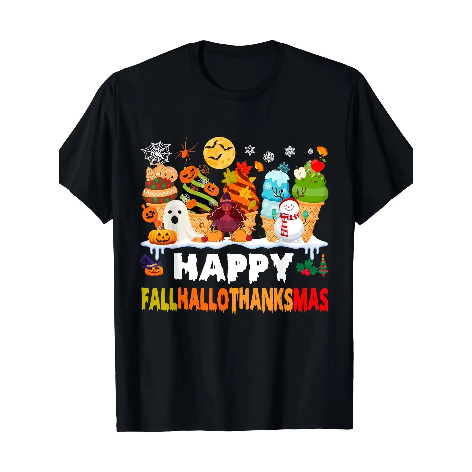 Fall Halloween Thanksgiving Christmas Happy HalloThanksMas-T-Shirt  Gift, Fashionable, Unisex, Vintage, Soft, Breathable, Casual  Crew Neck, Regular Fit - Machine Washable, Comfortable Cotton Crew Neck Short Sleeve Graphic Print T-Shirt