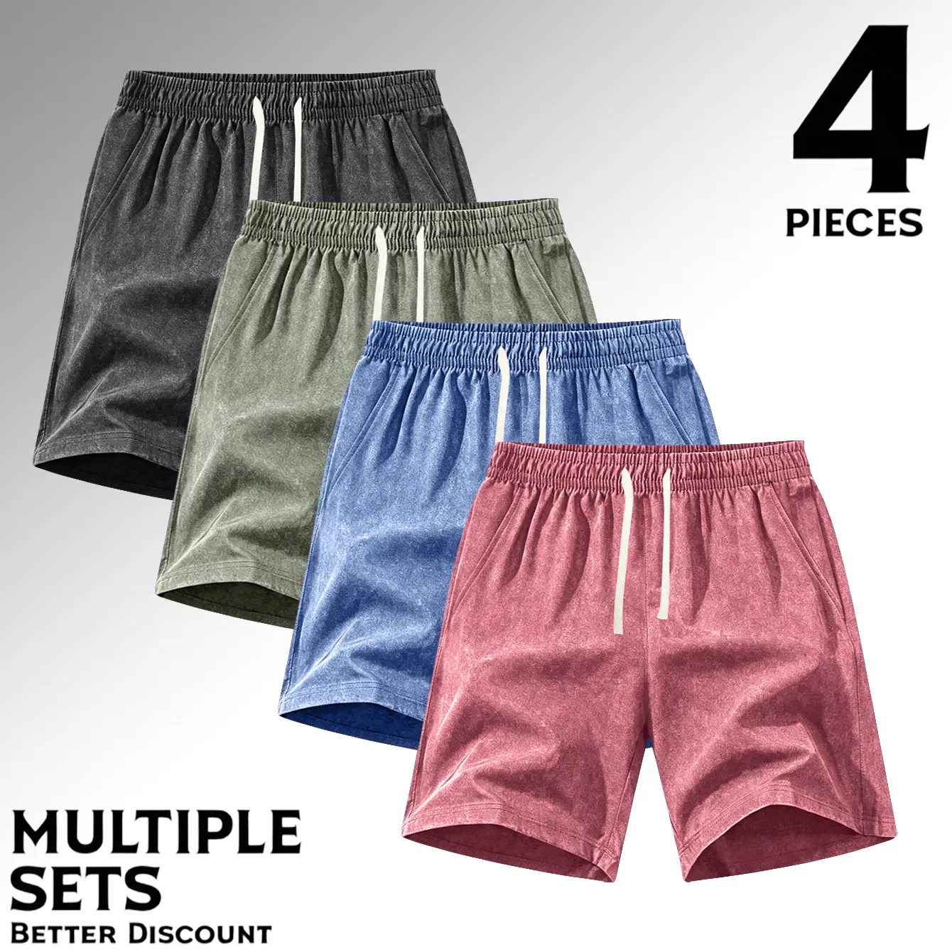 Men’s summer solid-color washed distressed cotton athletic shorts, available in sets of 2 or 4; casual loose fit with a drawstring waist and pockets; mood-inspired, Y2K style; suitable for running, golf, fishing, basketball, camping, gym, swimming, and be
