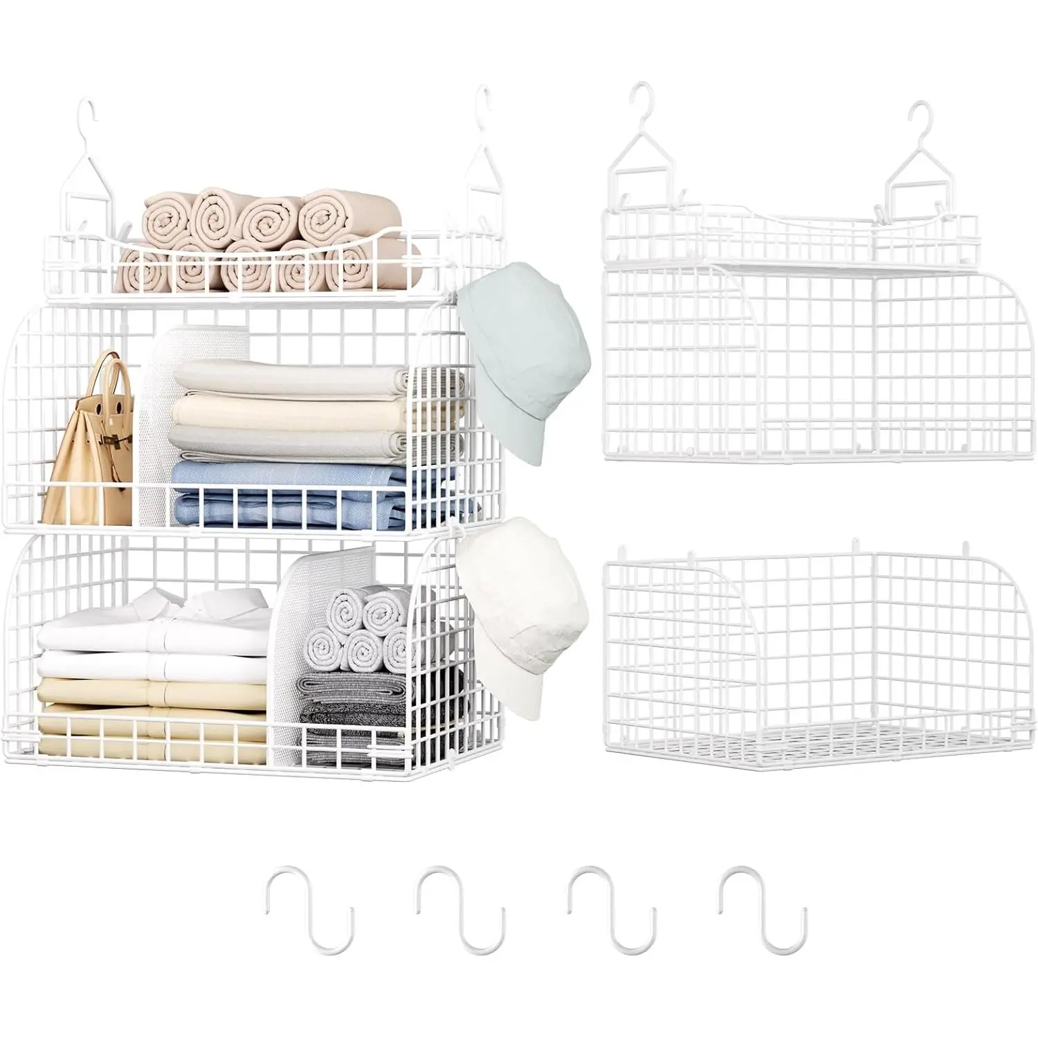 Closet Organizer Storage - 3 Tier Metal Stackable  Closet Shelves with Dividers and S Hooks, Foldable Clothes Shelves for Clothes, Pants, Shoes, Coat, Hats Clutches Accessories