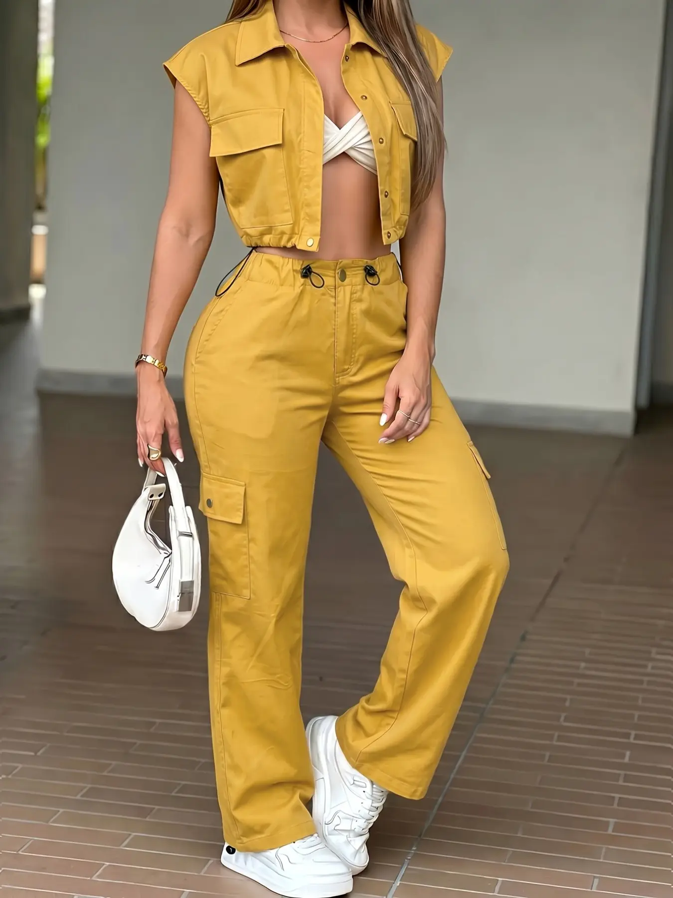 New Women's Workwear Casual Style Pants Set, Vintage Solid Color Two-Piece Set, Short Sleeve Collared Top, High Waist Straight Leg Pants