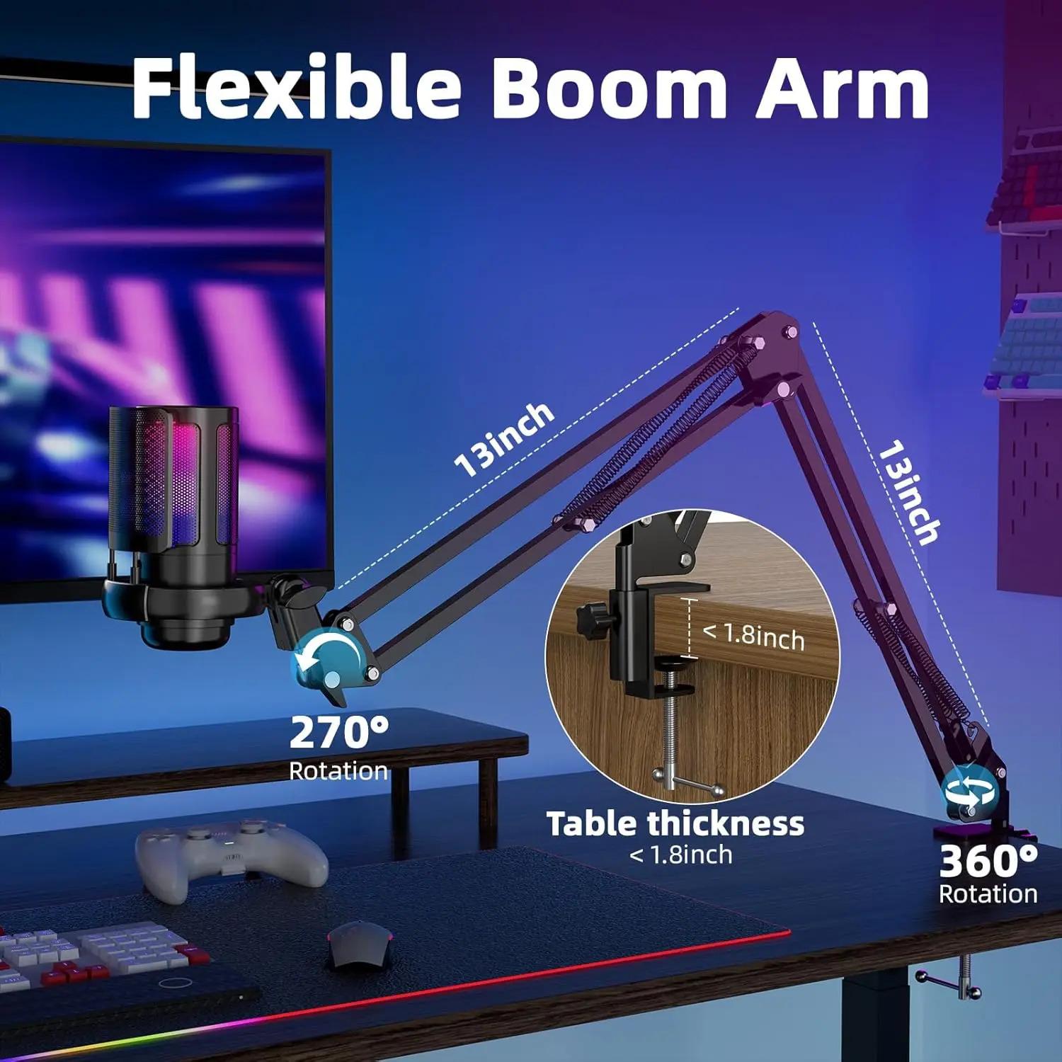 USB Condenser Microphone RGB Esports Game Call Recording Condenser Mic with Metal Boom Stand Desktop Mic for Studio Recording