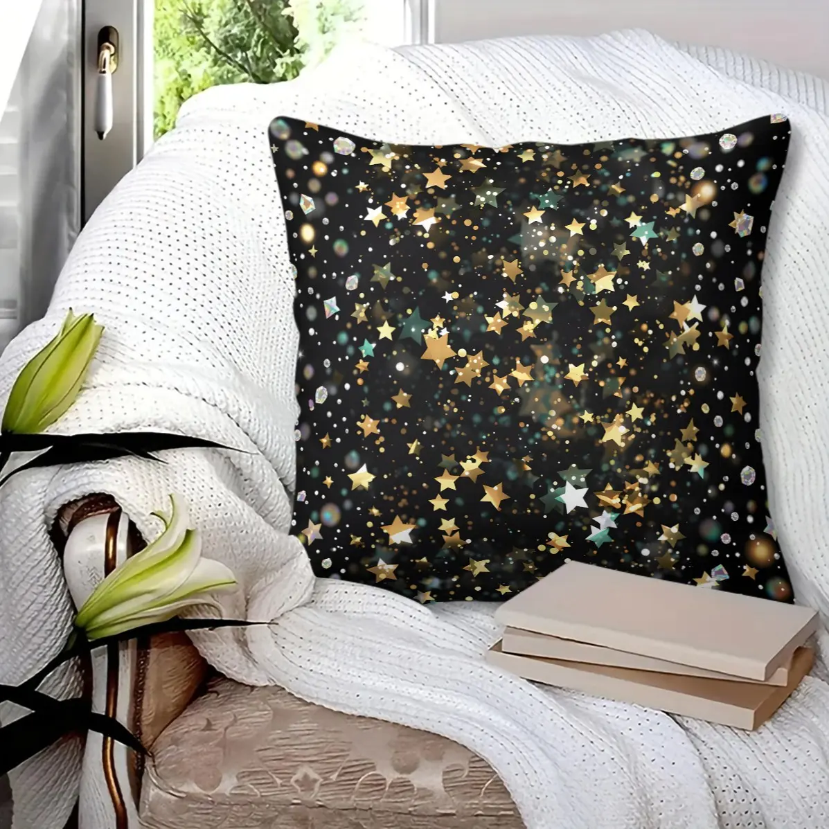 Multi-Color Glitter Star Print Square Throw Pillow With Insert, Dreamy Shiny Star Pattern, Cozy Holiday Home Decor, Versatile Aesthetic Cushion For Sofa Bedroom Party