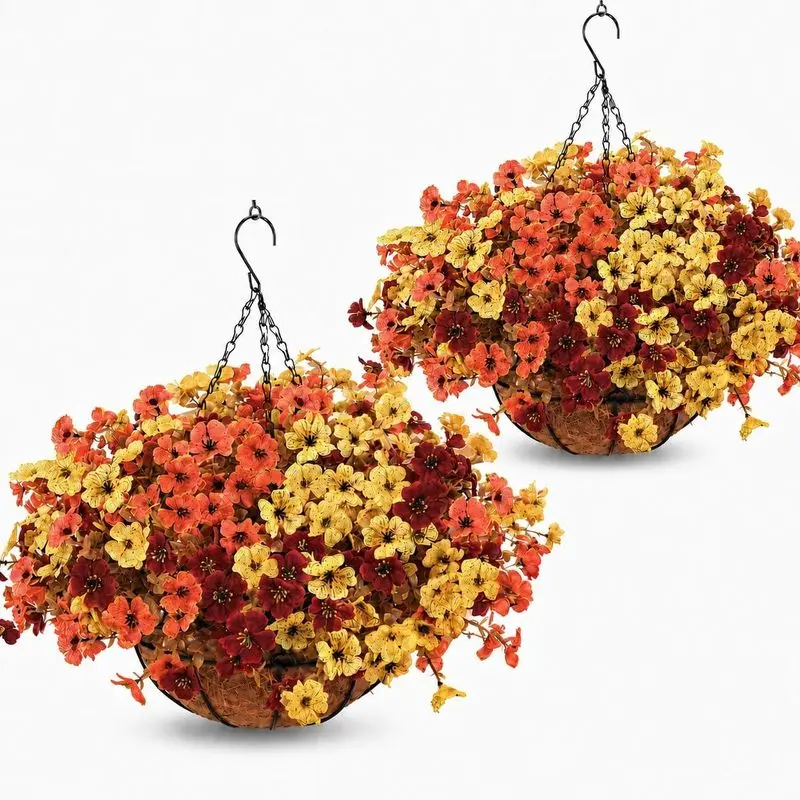 2 Sets Hanging Baskets with Mixed Fall Mums - Fade Resistant UV-Protected Artificial Flowers for Summer to Fall Porch, Patio, Balcony & Yard Decor, No Watering, All-Weather